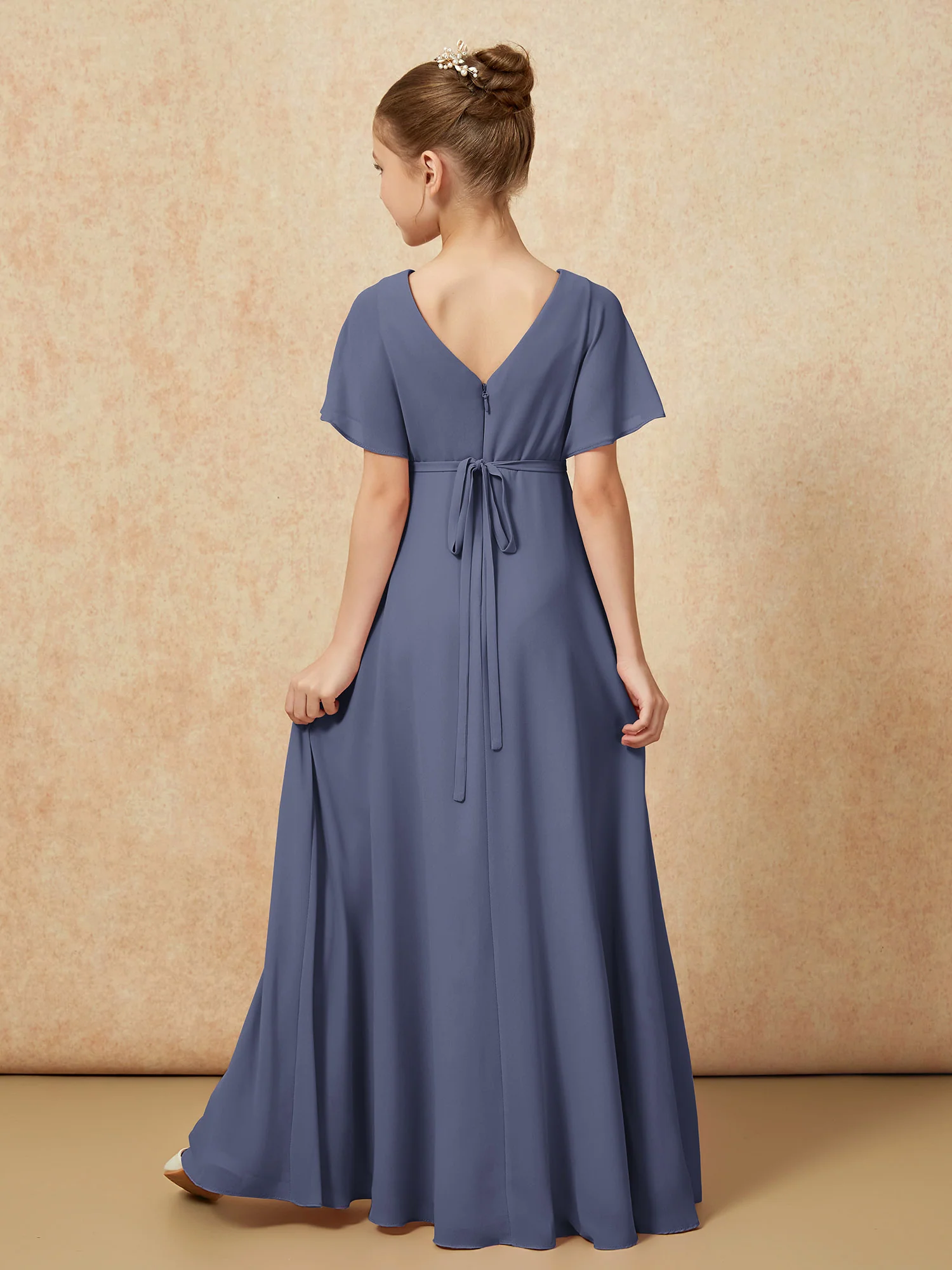 A-Line Flutter Sleeves Chiffon Junior Bridesmaid Dresses Stormy - Image 2