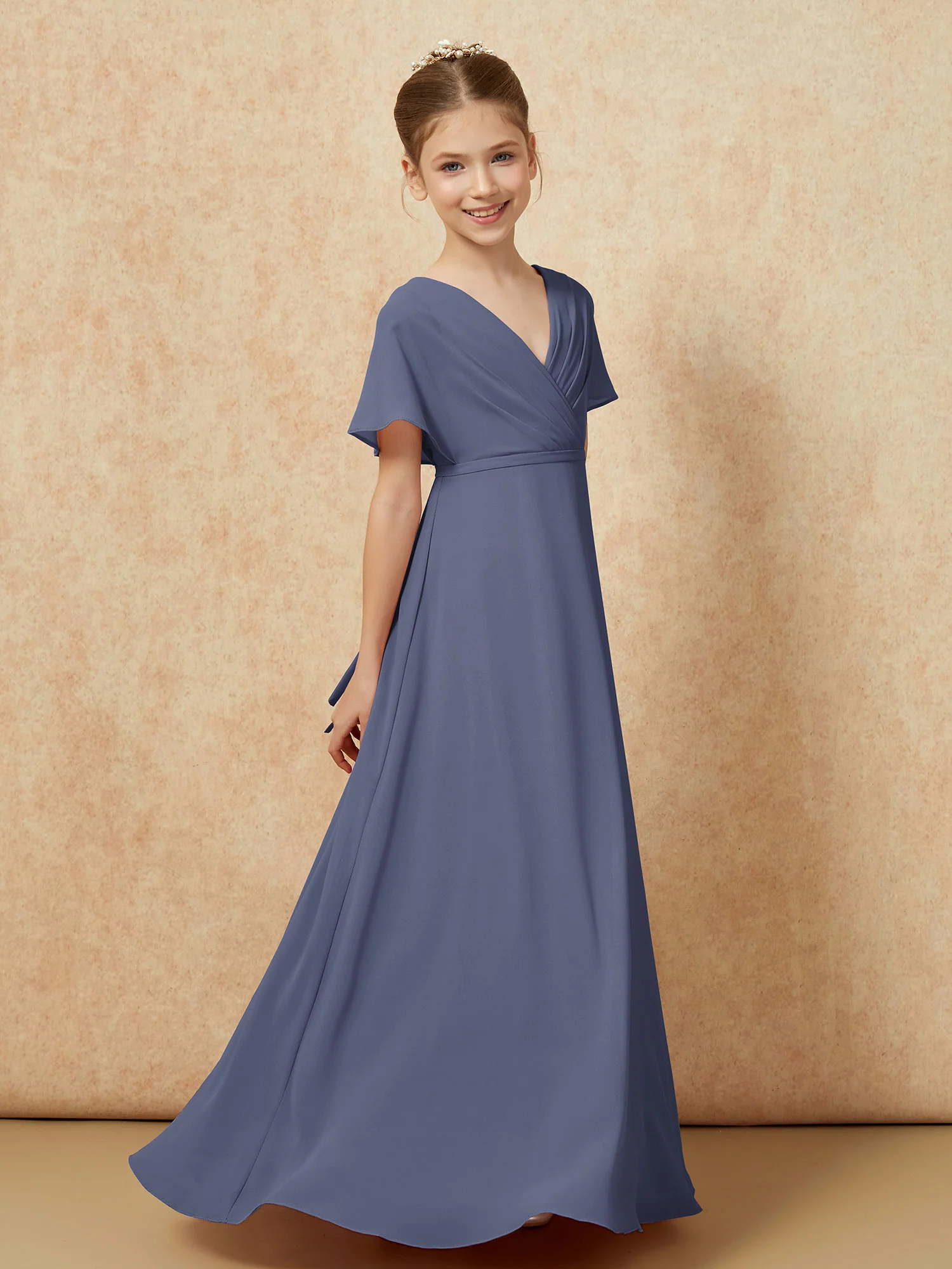 A-Line Flutter Sleeves Chiffon Junior Bridesmaid Dresses Stormy - Image 3