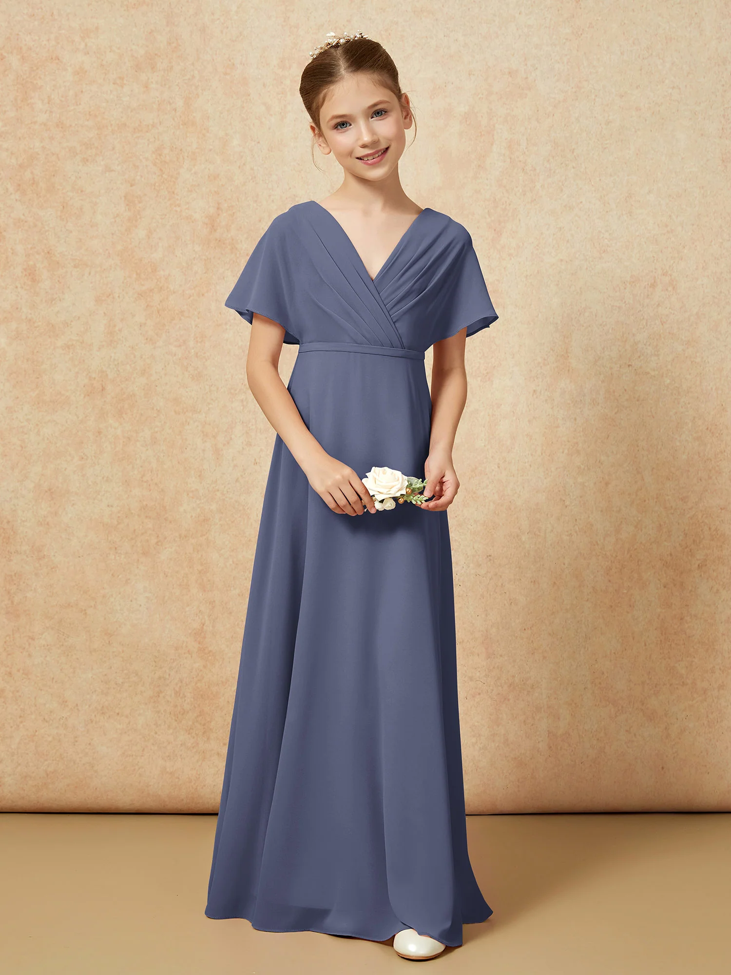 A-Line Flutter Sleeves Chiffon Junior Bridesmaid Dresses Stormy - Image 4