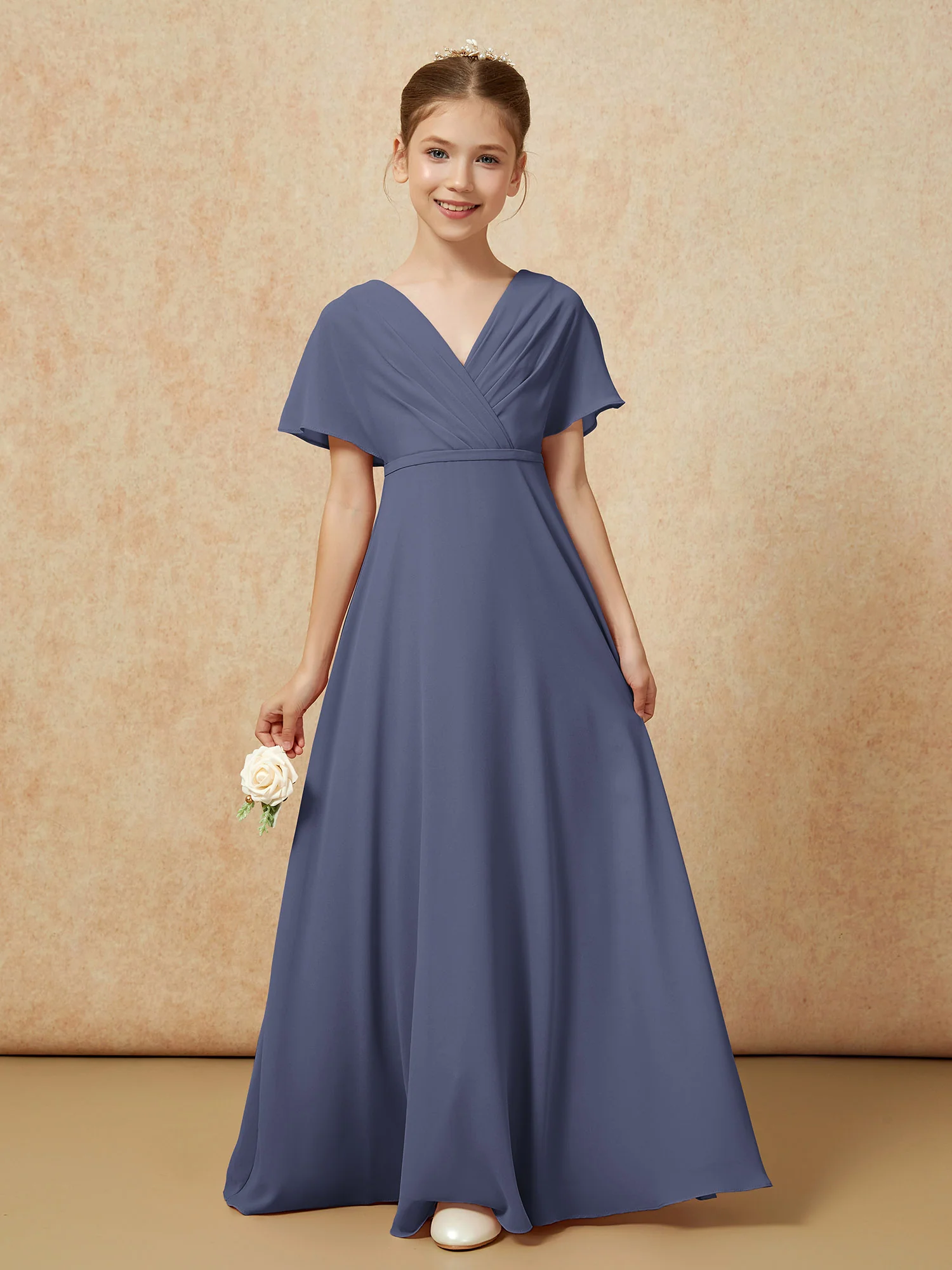 A-Line Flutter Sleeves Chiffon Junior Bridesmaid Dresses Stormy - Image 5