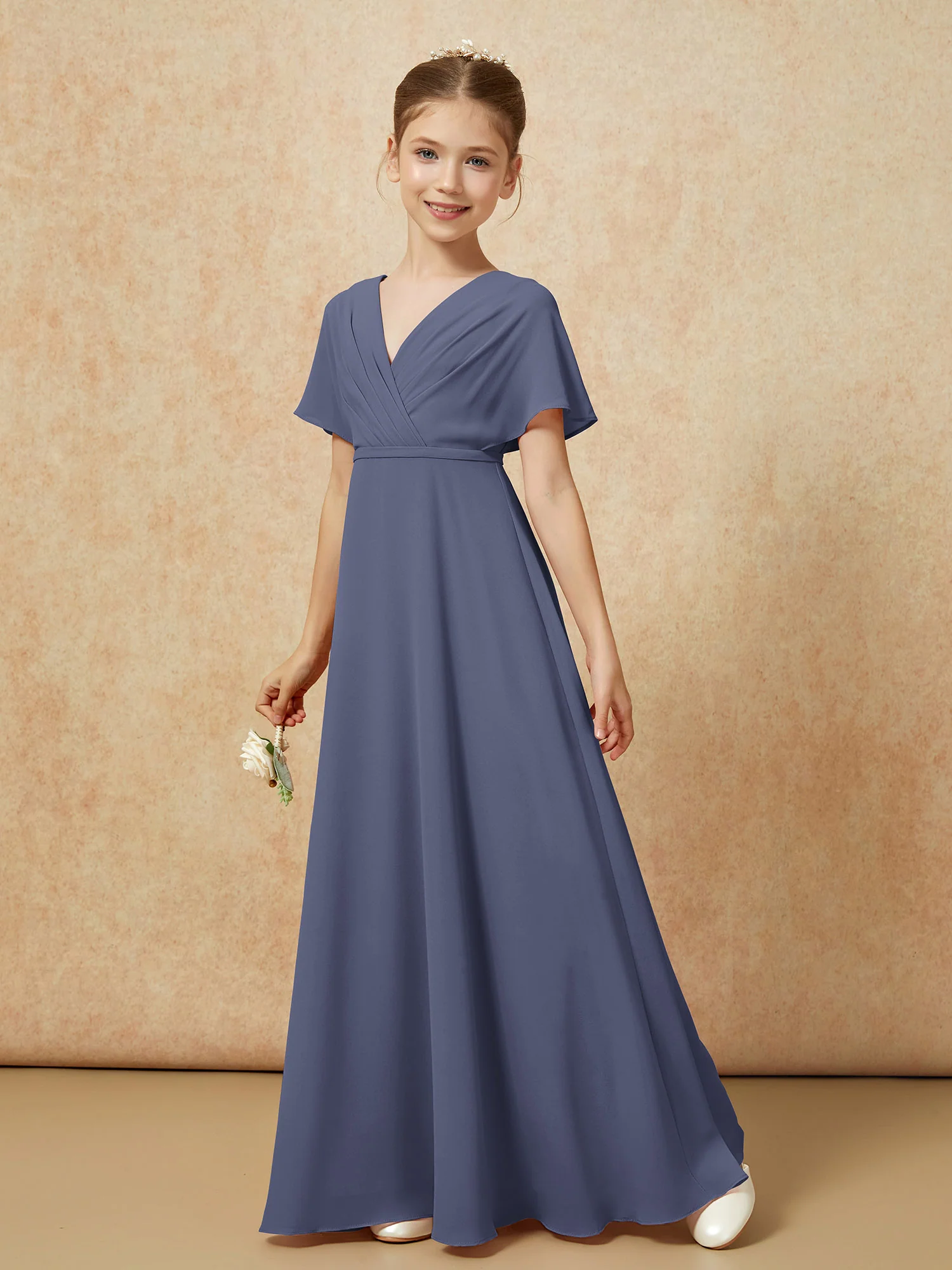 A-Line Flutter Sleeves Chiffon Junior Bridesmaid Dresses Stormy - Image 6