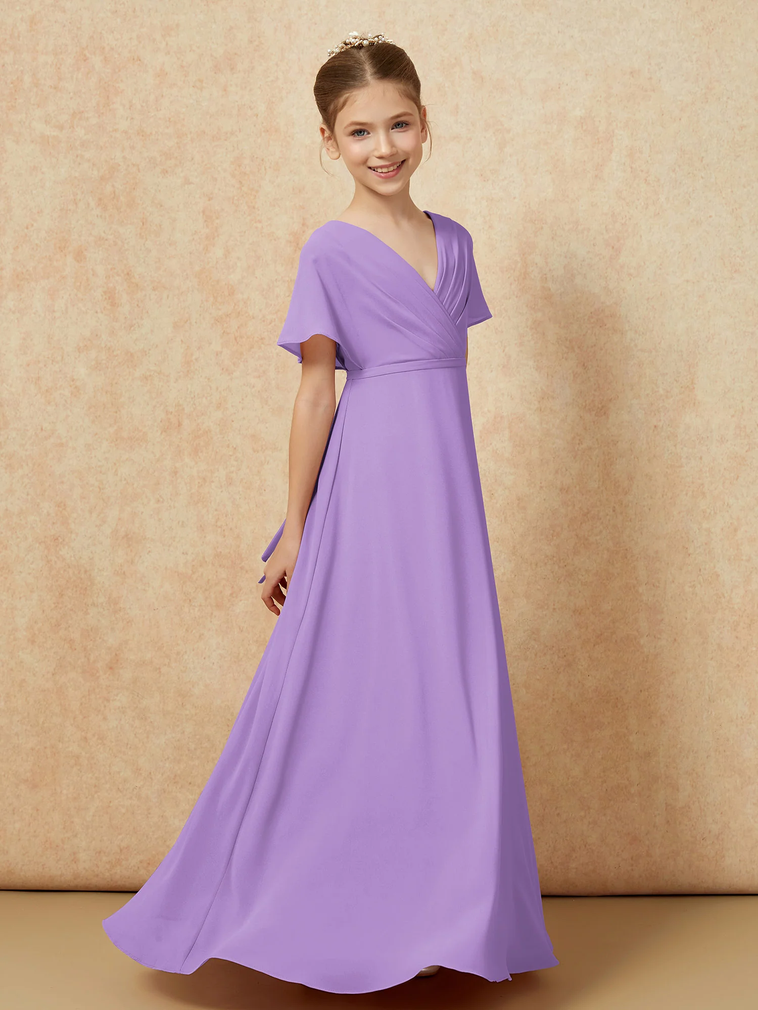 A-Line Flutter Sleeves Chiffon Junior Bridesmaid Dresses Tahiti - Image 3