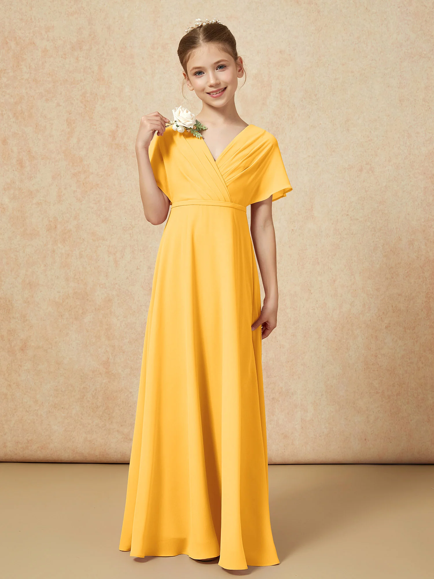 A-Line Flutter Sleeves Chiffon Junior Bridesmaid Dresses Tangerine