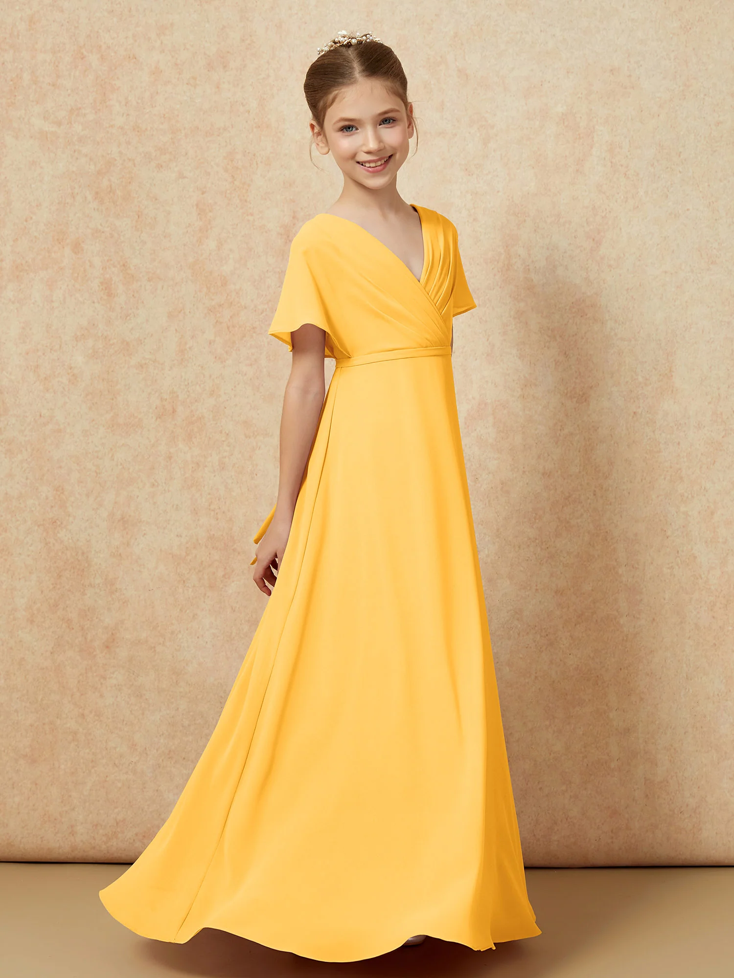 A-Line Flutter Sleeves Chiffon Junior Bridesmaid Dresses Tangerine - Image 3