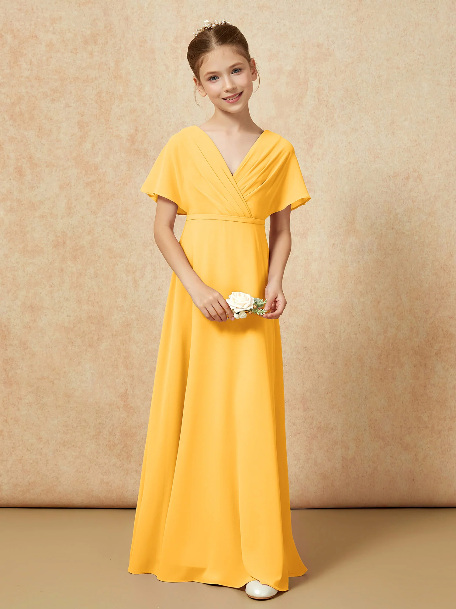 A-Line Flutter Sleeves Chiffon Junior Bridesmaid Dresses Tangerine - Image 4