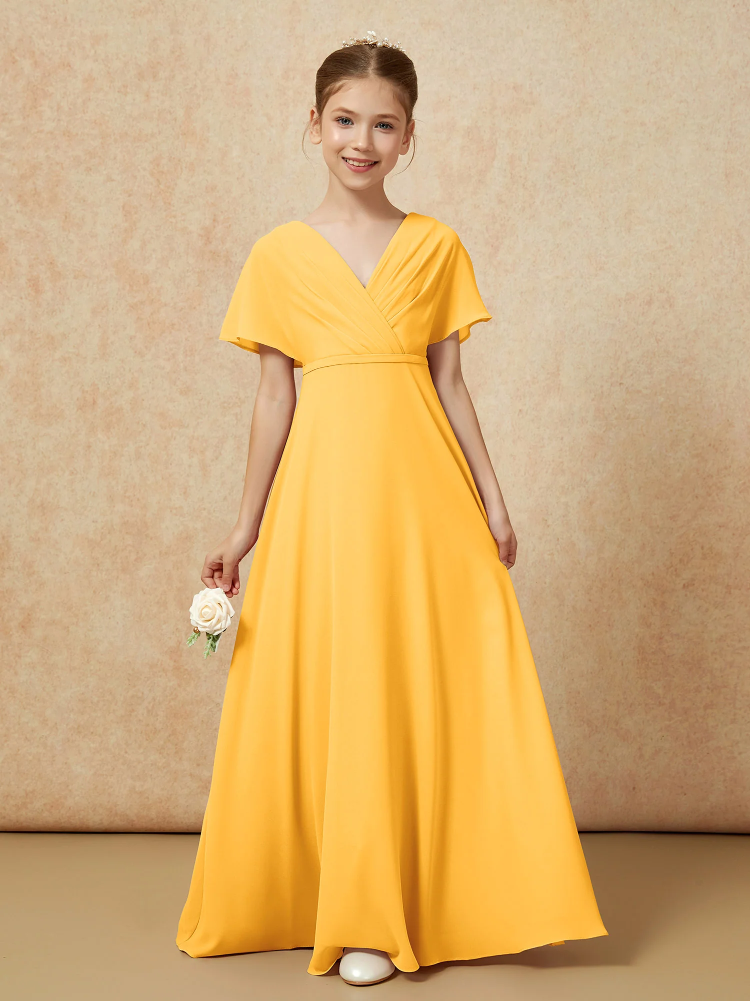 A-Line Flutter Sleeves Chiffon Junior Bridesmaid Dresses Tangerine - Image 5