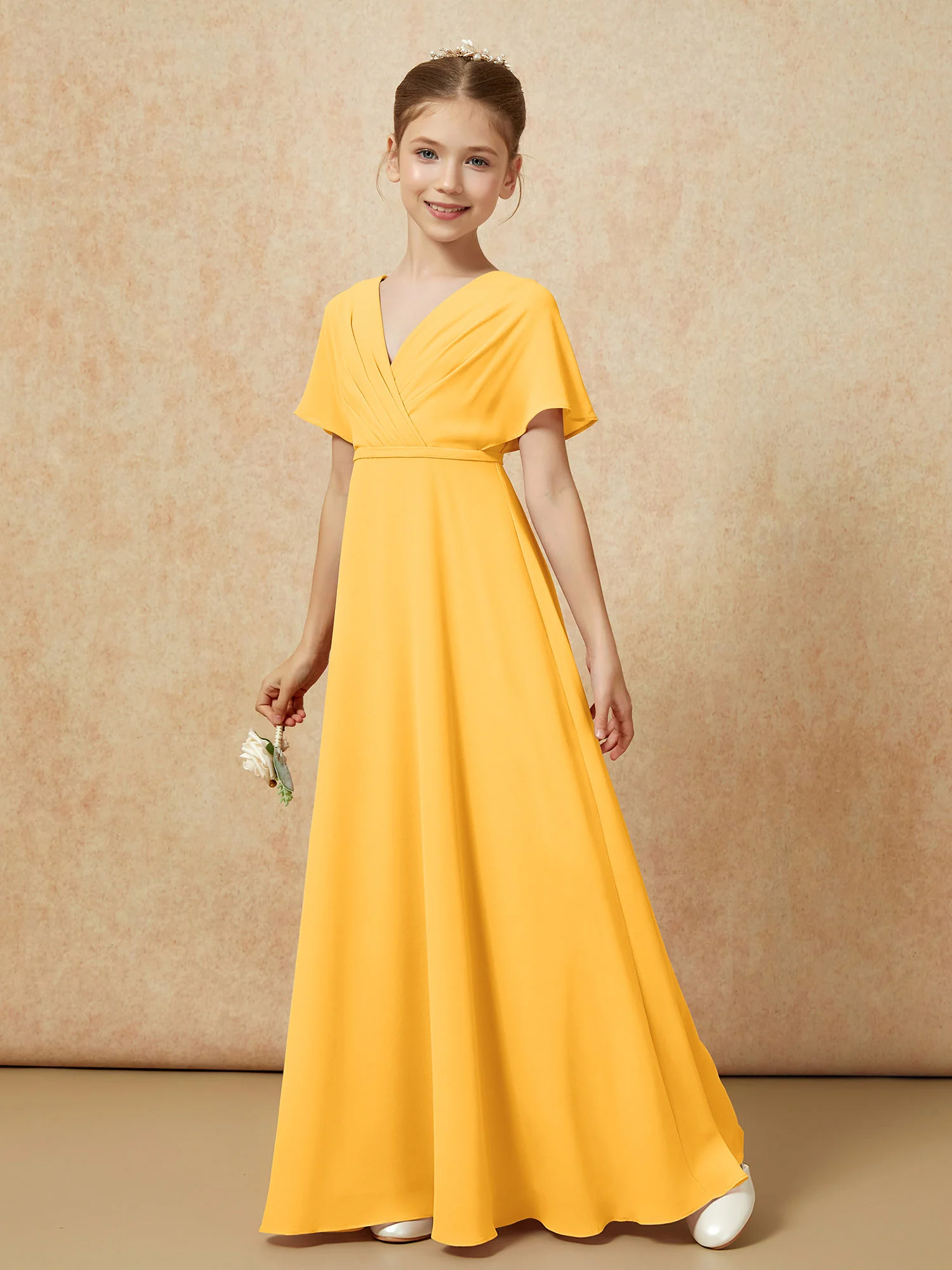 A-Line Flutter Sleeves Chiffon Junior Bridesmaid Dresses Tangerine - Image 6