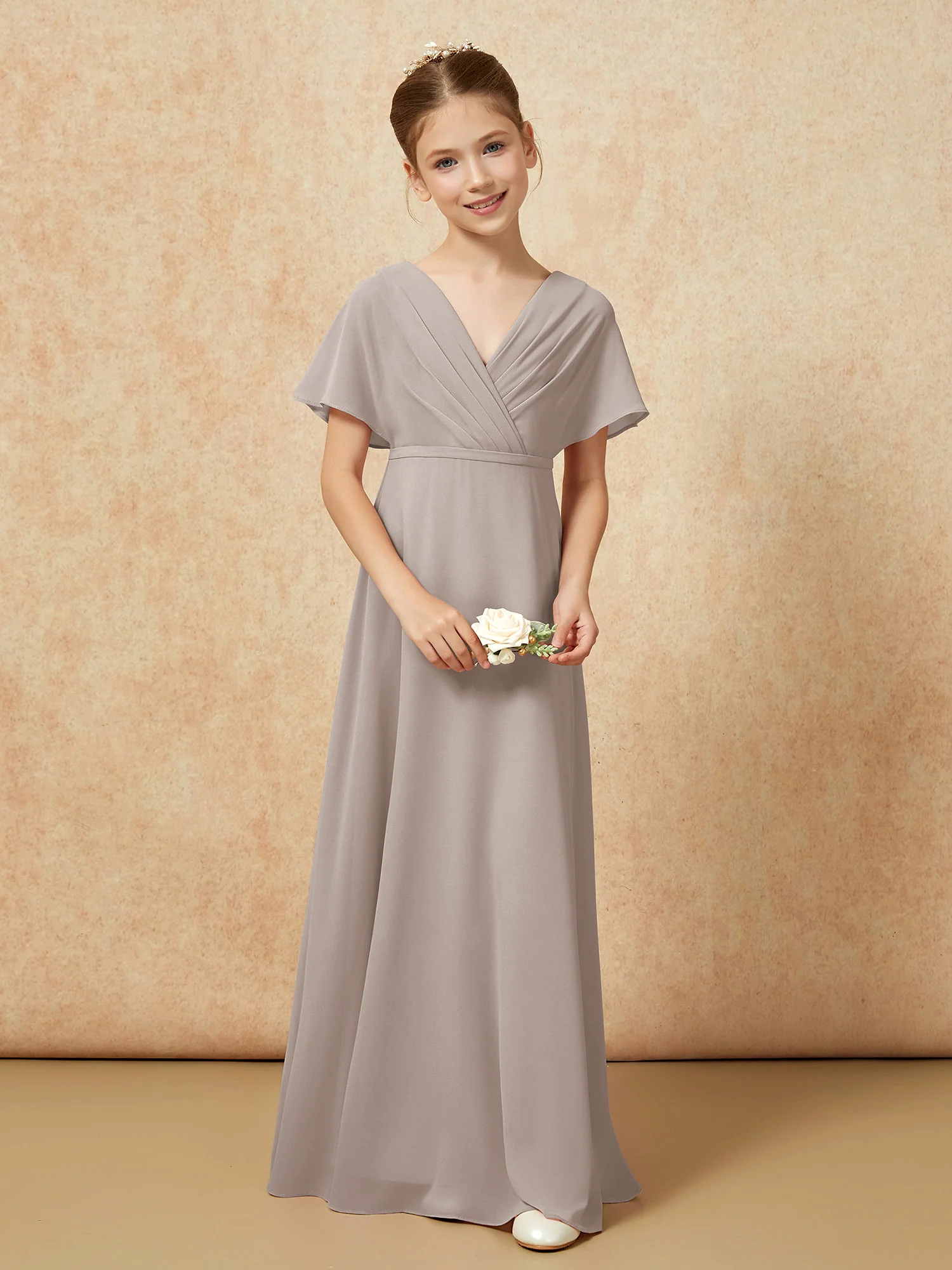 A-Line Flutter Sleeves Chiffon Junior Bridesmaid Dresses Taupe - Image 4