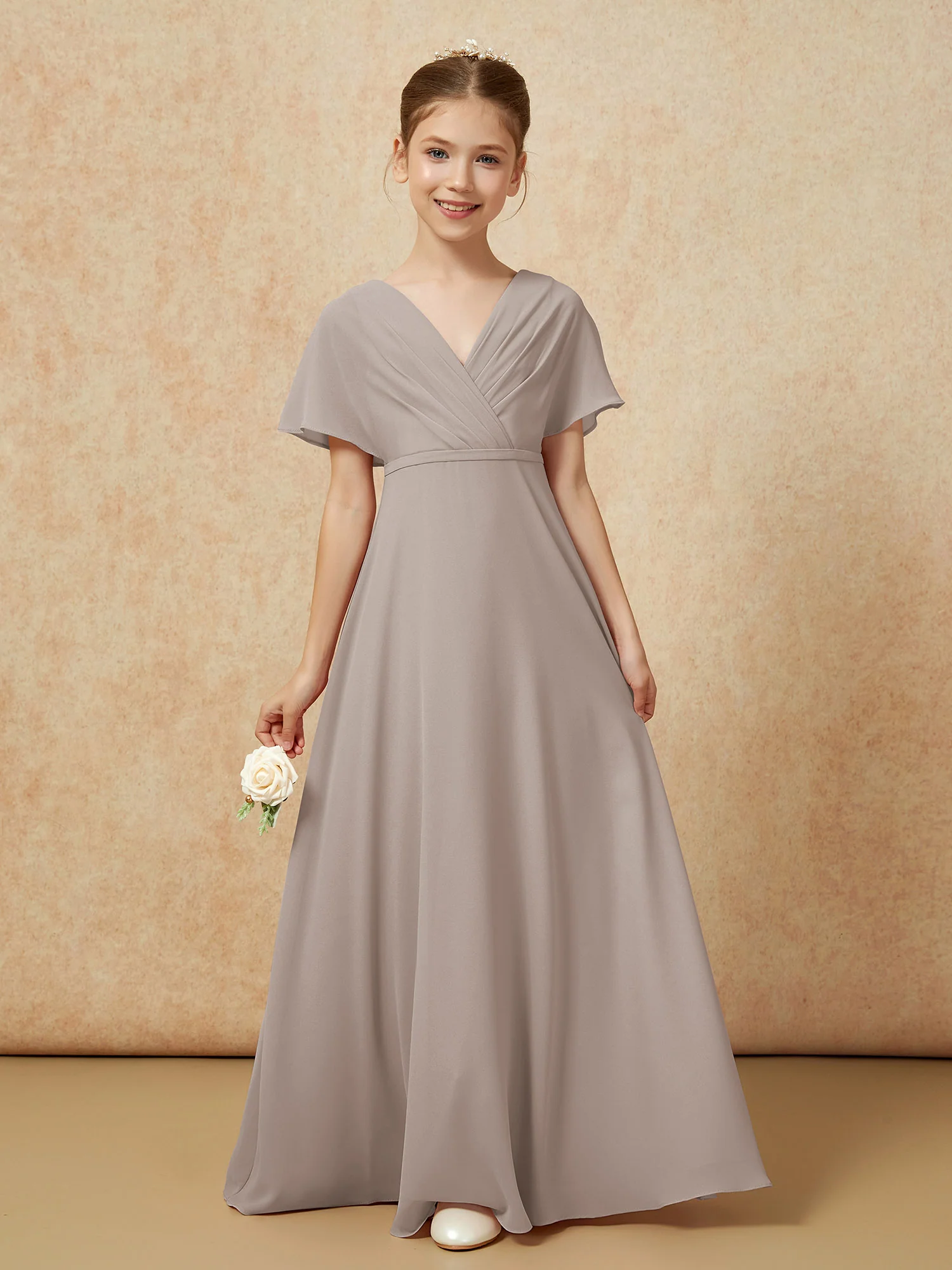A-Line Flutter Sleeves Chiffon Junior Bridesmaid Dresses Taupe - Image 5