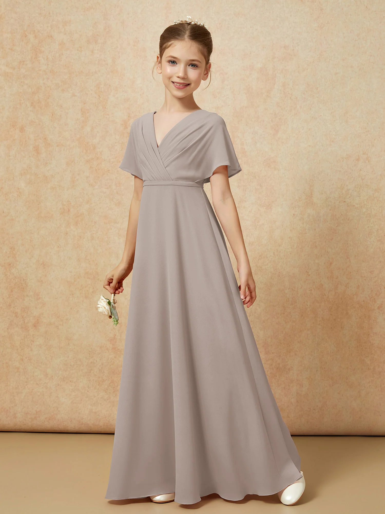 A-Line Flutter Sleeves Chiffon Junior Bridesmaid Dresses Taupe - Image 6