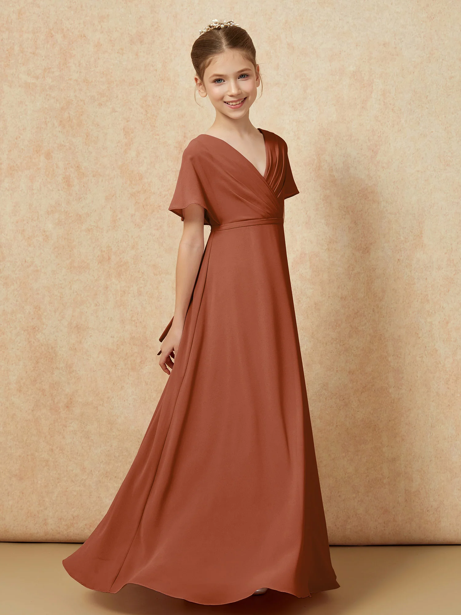 A-Line Flutter Sleeves Chiffon Junior Bridesmaid Dresses Terracotta - Image 3