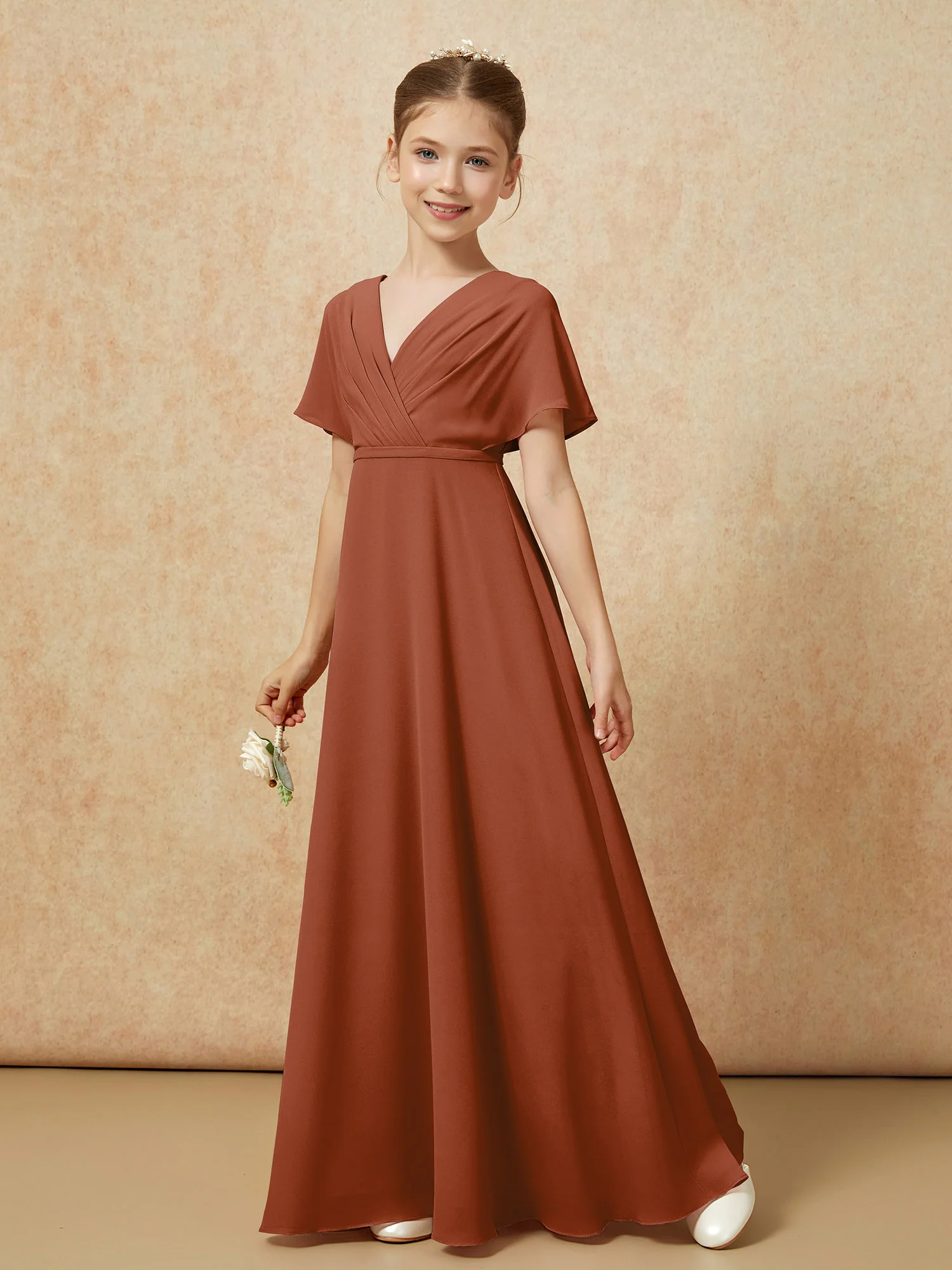 A-Line Flutter Sleeves Chiffon Junior Bridesmaid Dresses Terracotta - Image 6