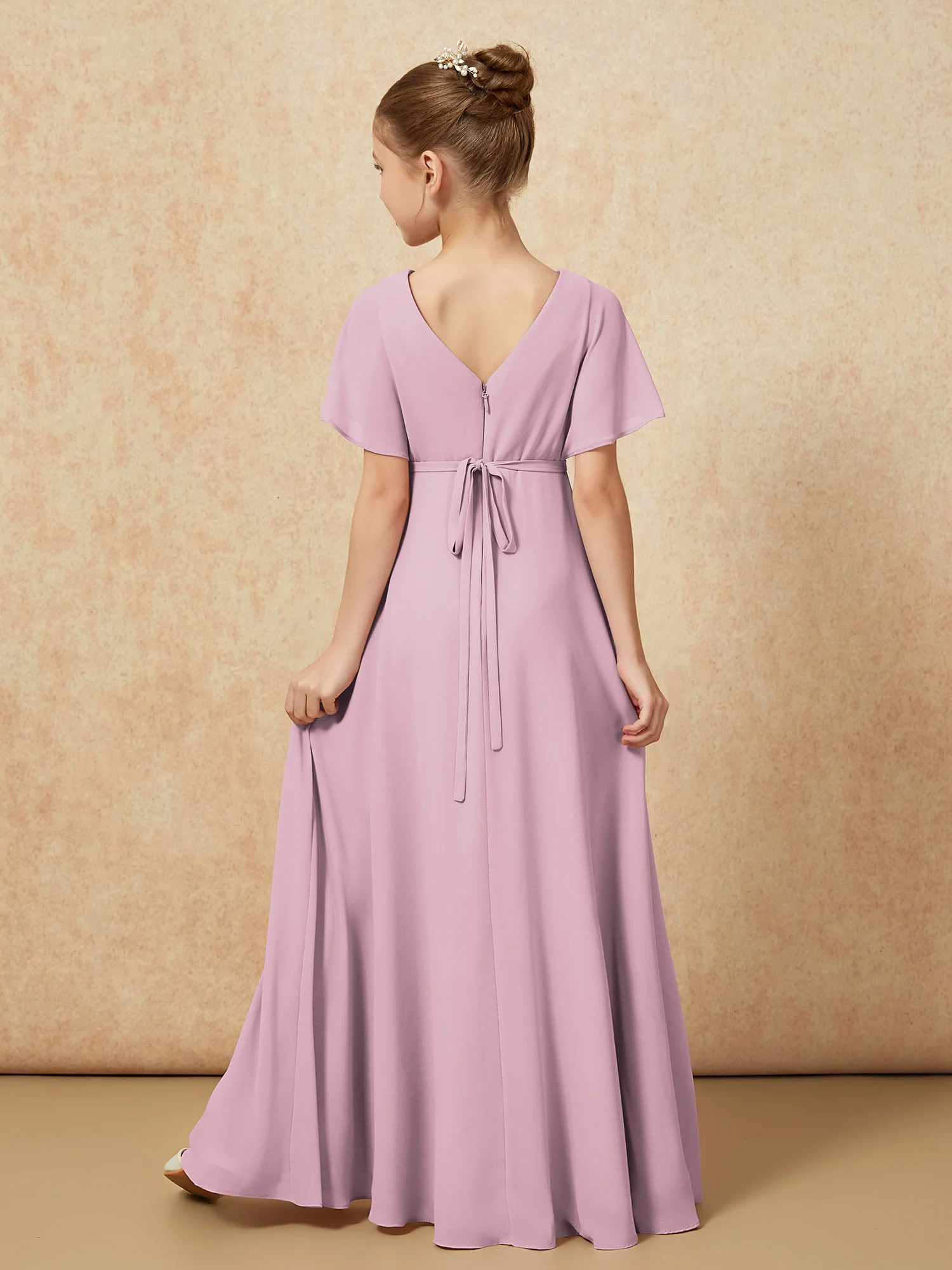 A-Line Flutter Sleeves Chiffon Junior Bridesmaid Dresses Vintage Mauve - Image 2