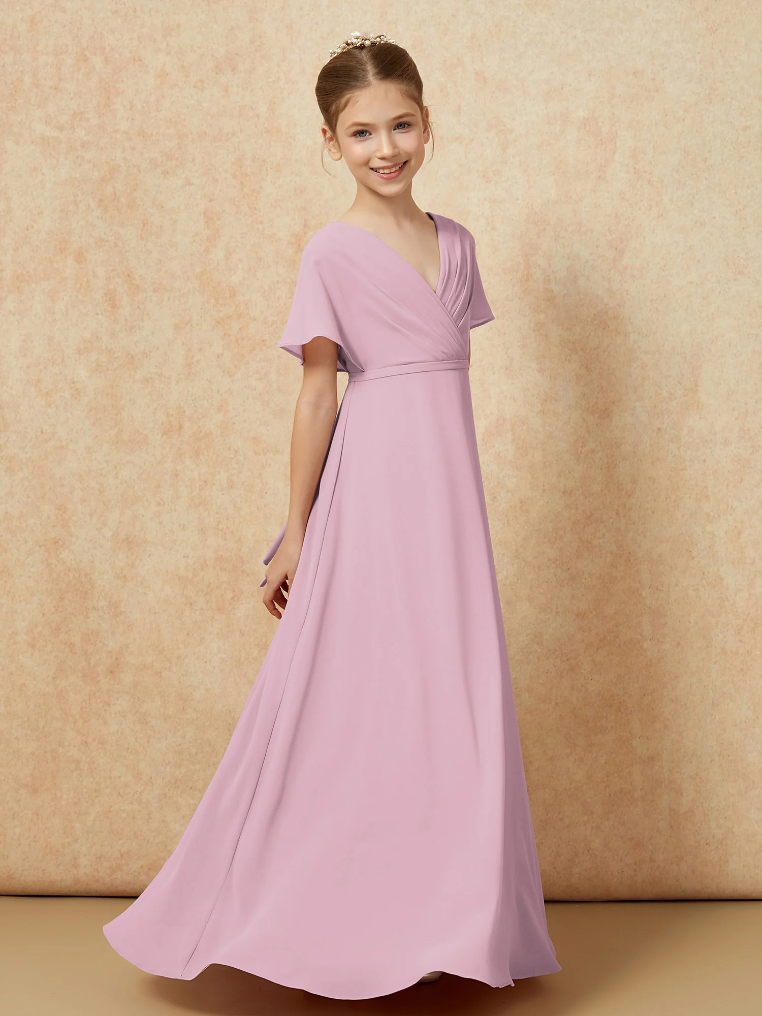 A-Line Flutter Sleeves Chiffon Junior Bridesmaid Dresses Vintage Mauve - Image 3