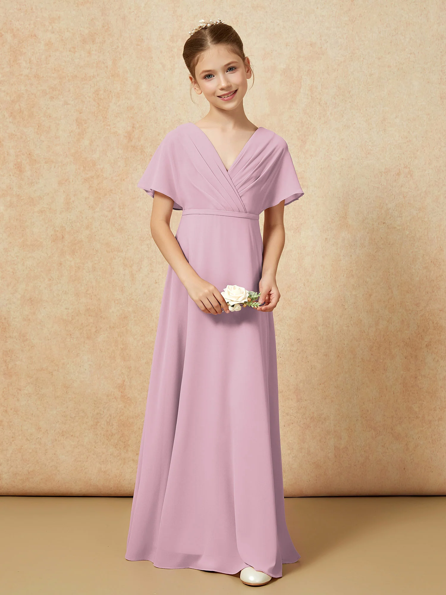 A-Line Flutter Sleeves Chiffon Junior Bridesmaid Dresses Vintage Mauve - Image 4