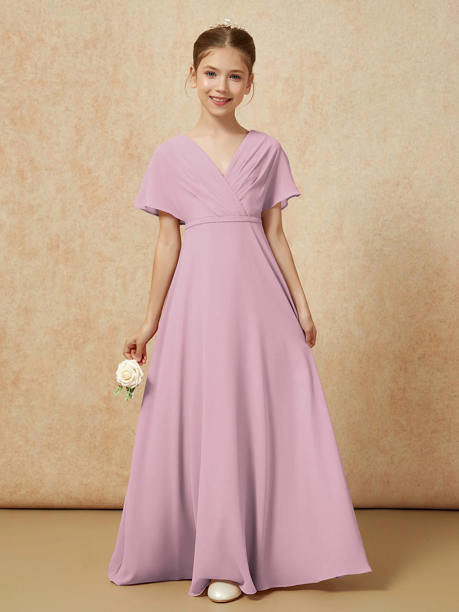 A-Line Flutter Sleeves Chiffon Junior Bridesmaid Dresses Vintage Mauve - Image 5