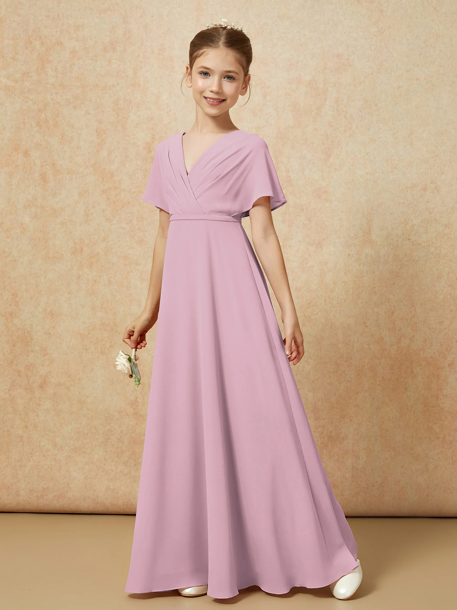 A-Line Flutter Sleeves Chiffon Junior Bridesmaid Dresses Vintage Mauve - Image 6