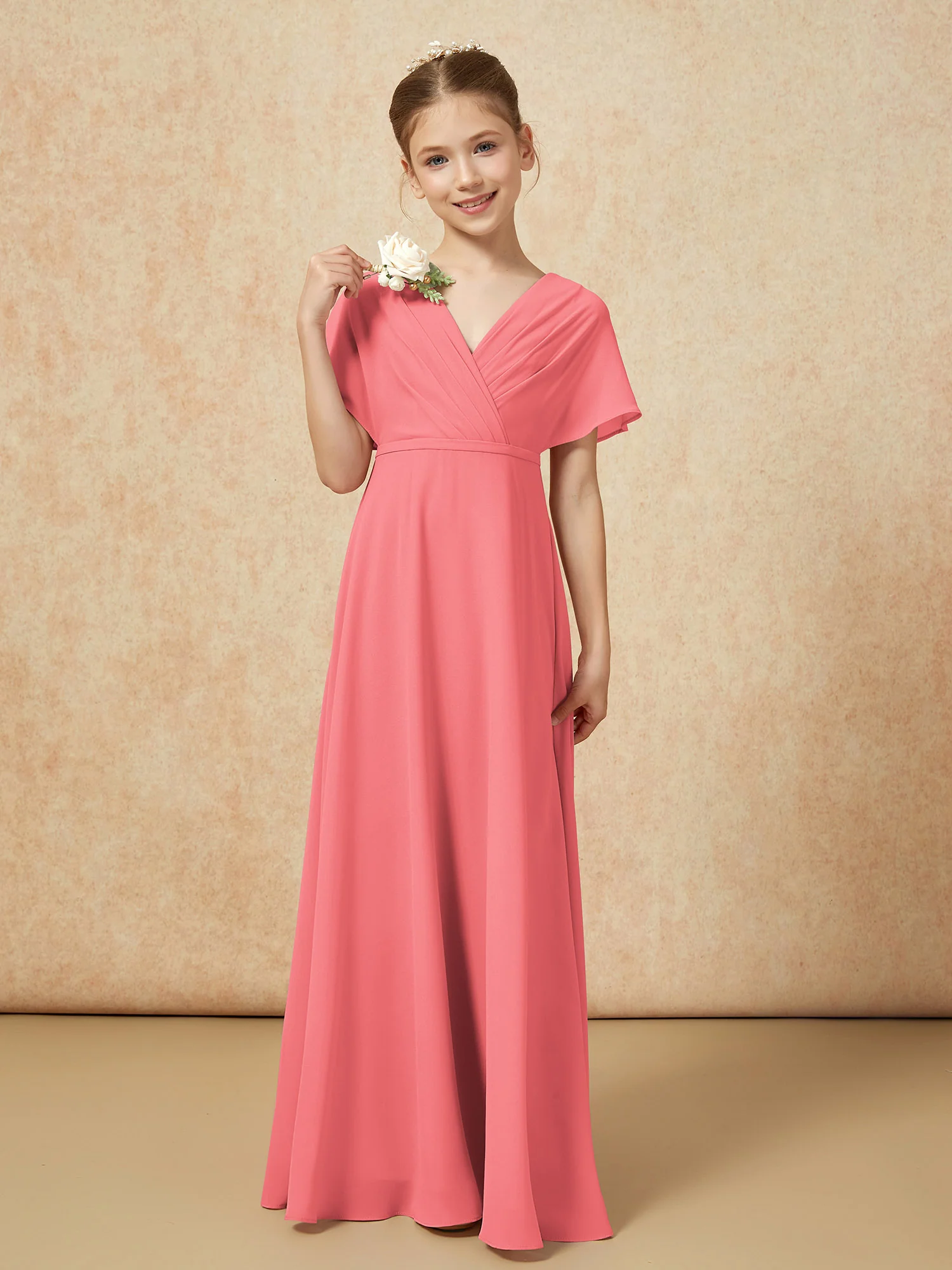 A-Line Flutter Sleeves Chiffon Junior Bridesmaid Dresses Watermelon