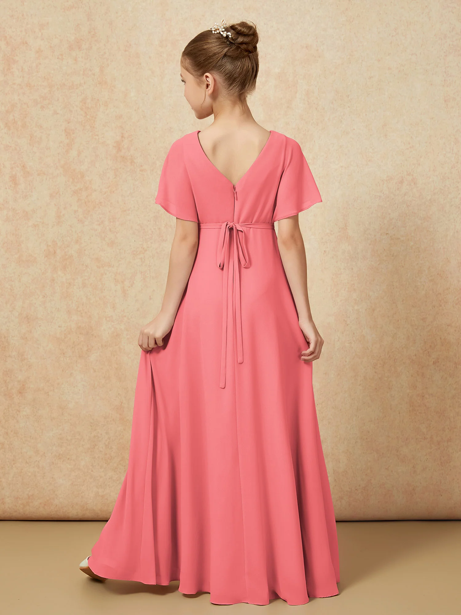 A-Line Flutter Sleeves Chiffon Junior Bridesmaid Dresses Watermelon - Image 2
