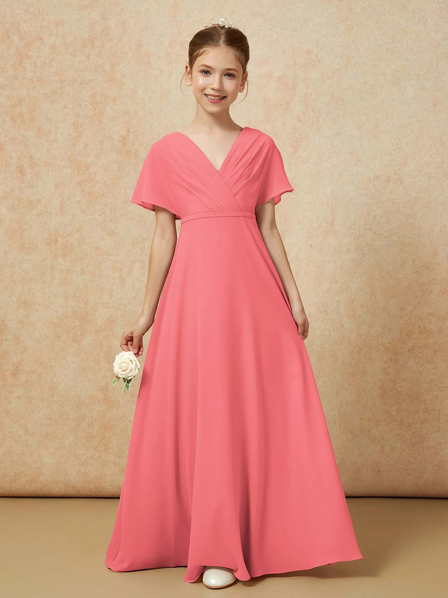 A-Line Flutter Sleeves Chiffon Junior Bridesmaid Dresses Watermelon - Image 5