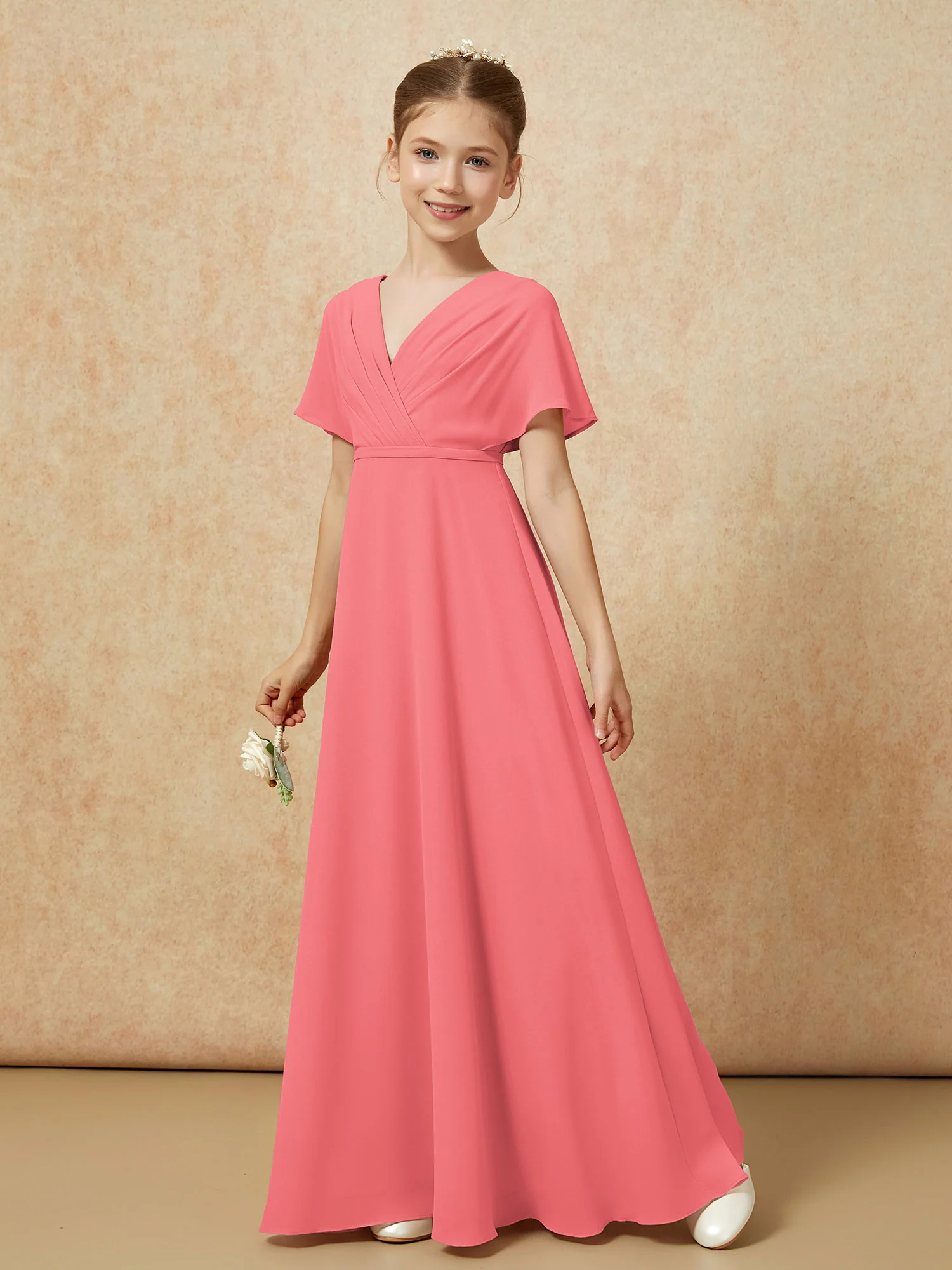 A-Line Flutter Sleeves Chiffon Junior Bridesmaid Dresses Watermelon - Image 6