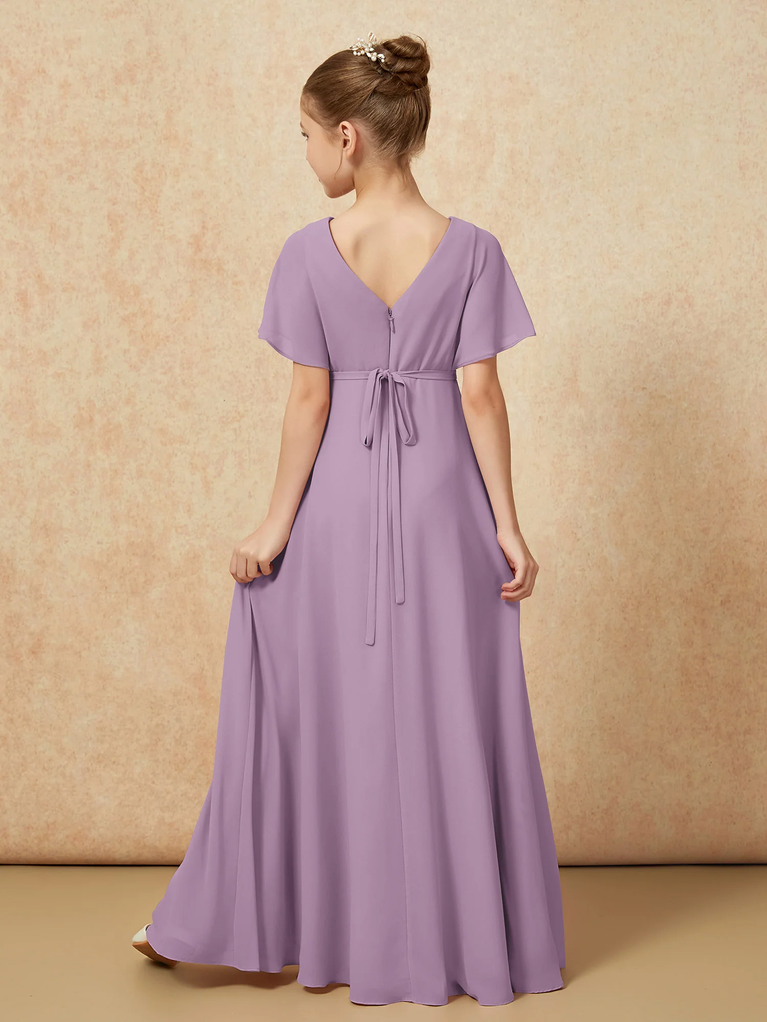 A-Line Flutter Sleeves Chiffon Junior Bridesmaid Dresses Wisteria - Image 2