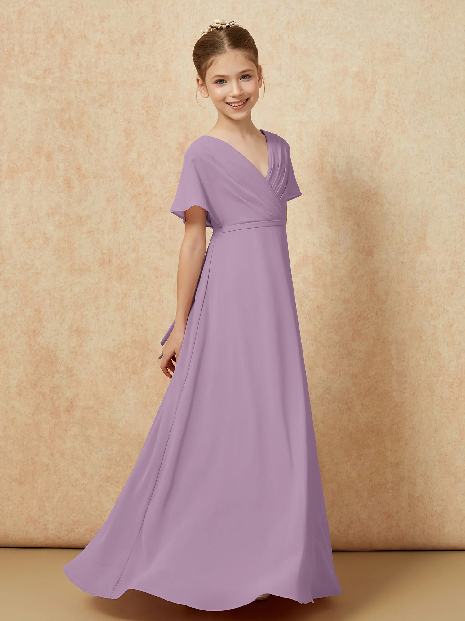 A-Line Flutter Sleeves Chiffon Junior Bridesmaid Dresses Wisteria - Image 3