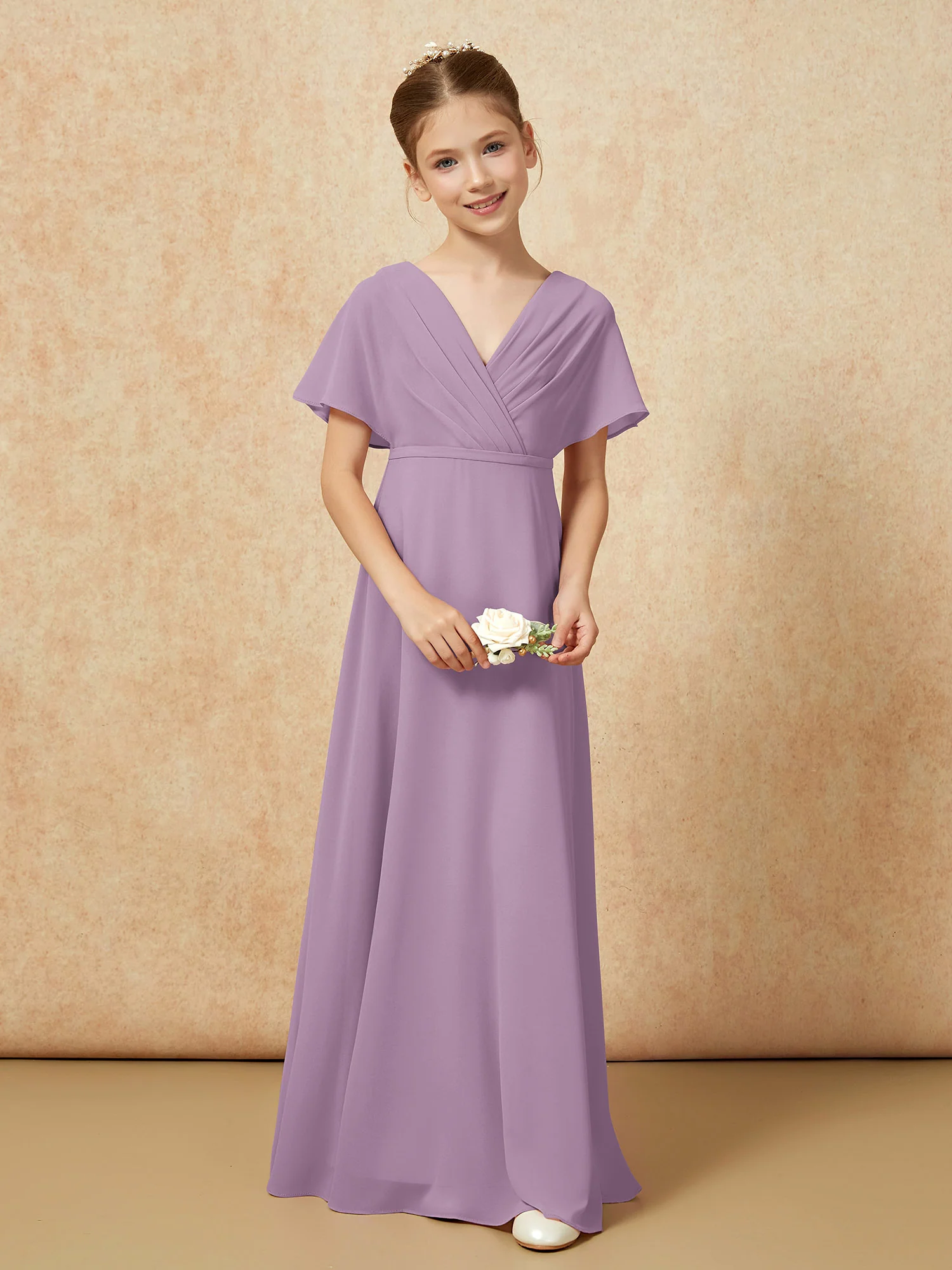 A-Line Flutter Sleeves Chiffon Junior Bridesmaid Dresses Wisteria - Image 4