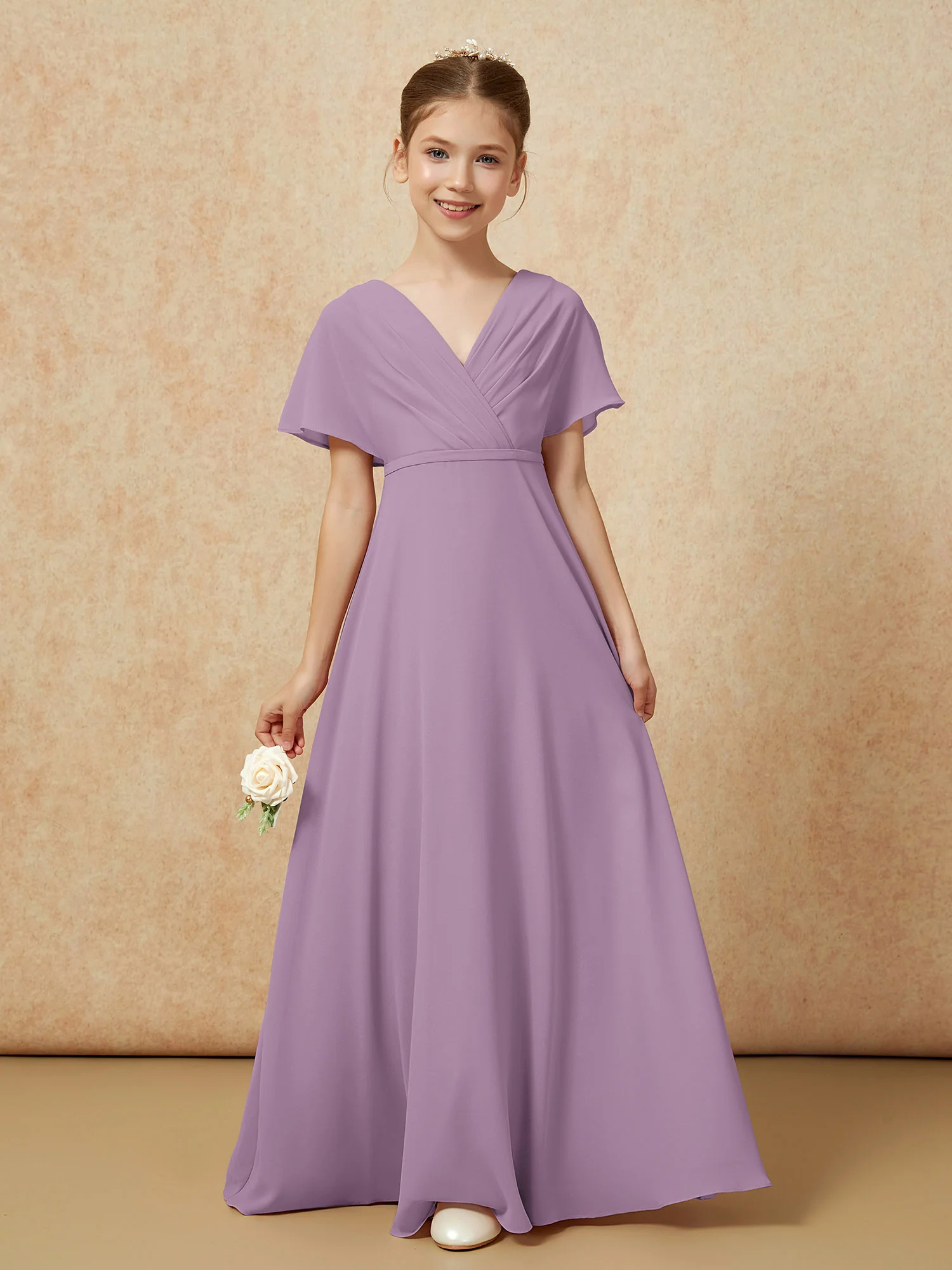 A-Line Flutter Sleeves Chiffon Junior Bridesmaid Dresses Wisteria - Image 5