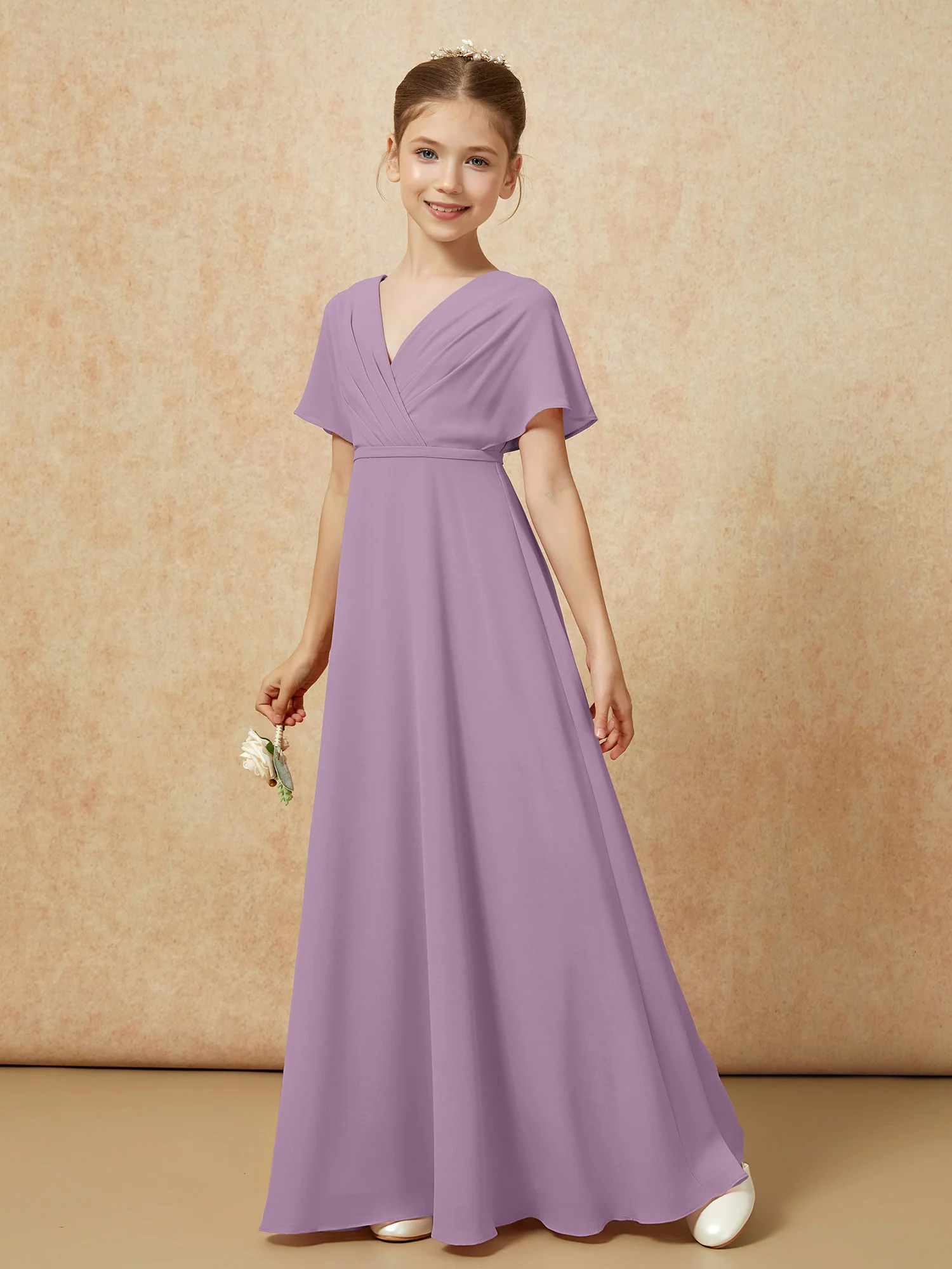 A-Line Flutter Sleeves Chiffon Junior Bridesmaid Dresses Wisteria - Image 6