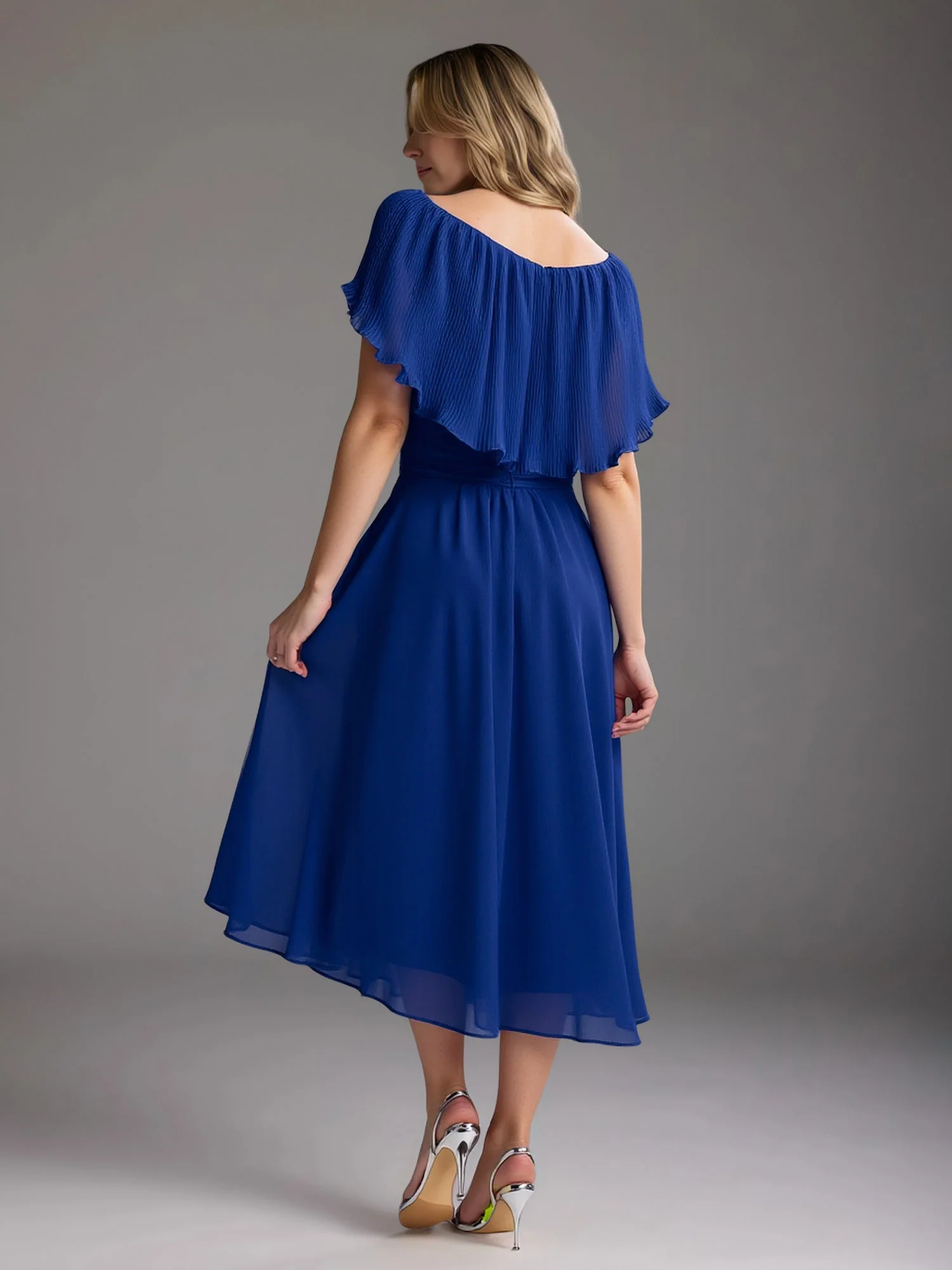 A-Line Flutter Sleeves Chiffon Tea-Length Dress Mist - Image 2