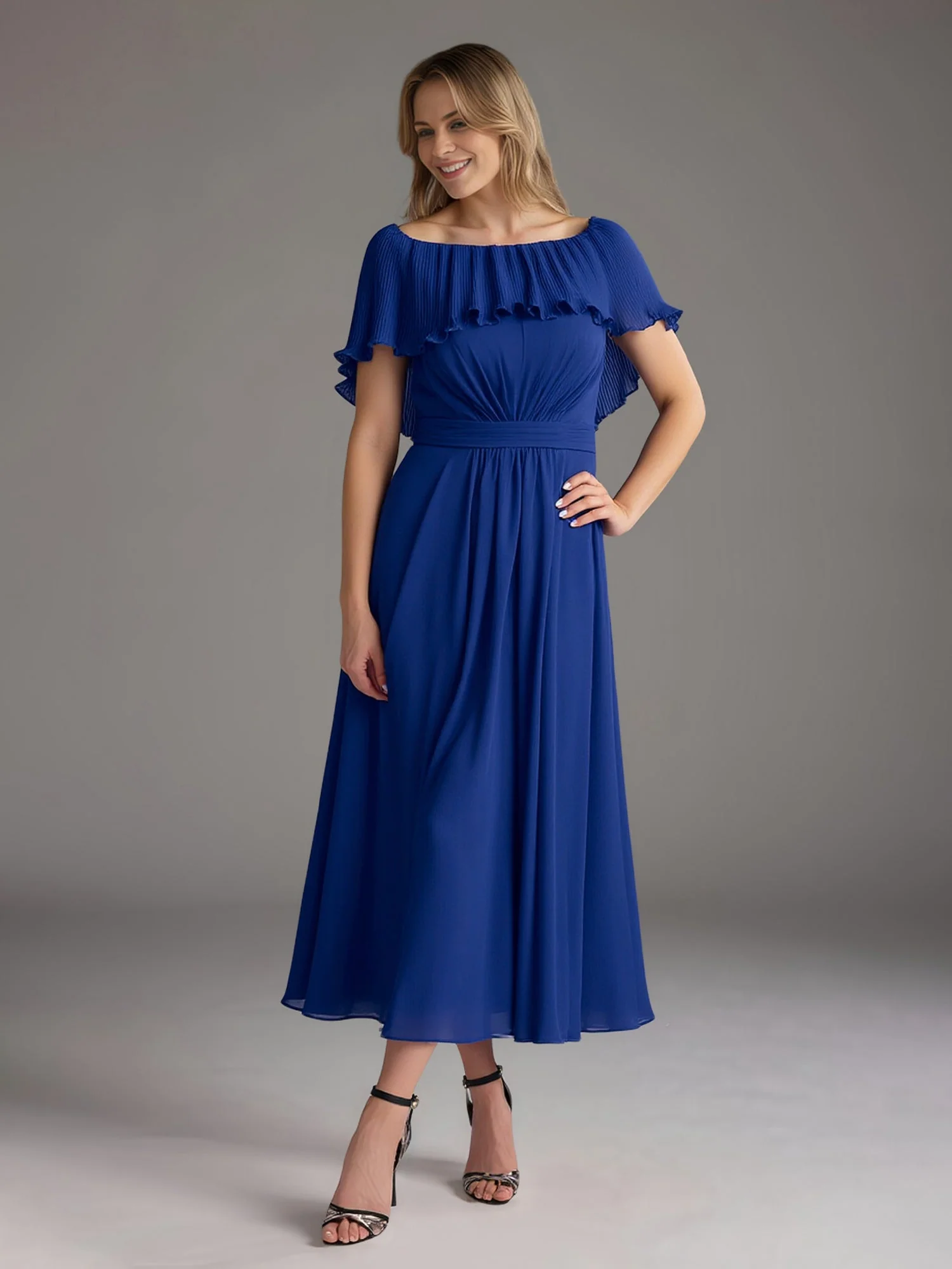 A-Line Flutter Sleeves Chiffon Tea-Length Dress Orchid