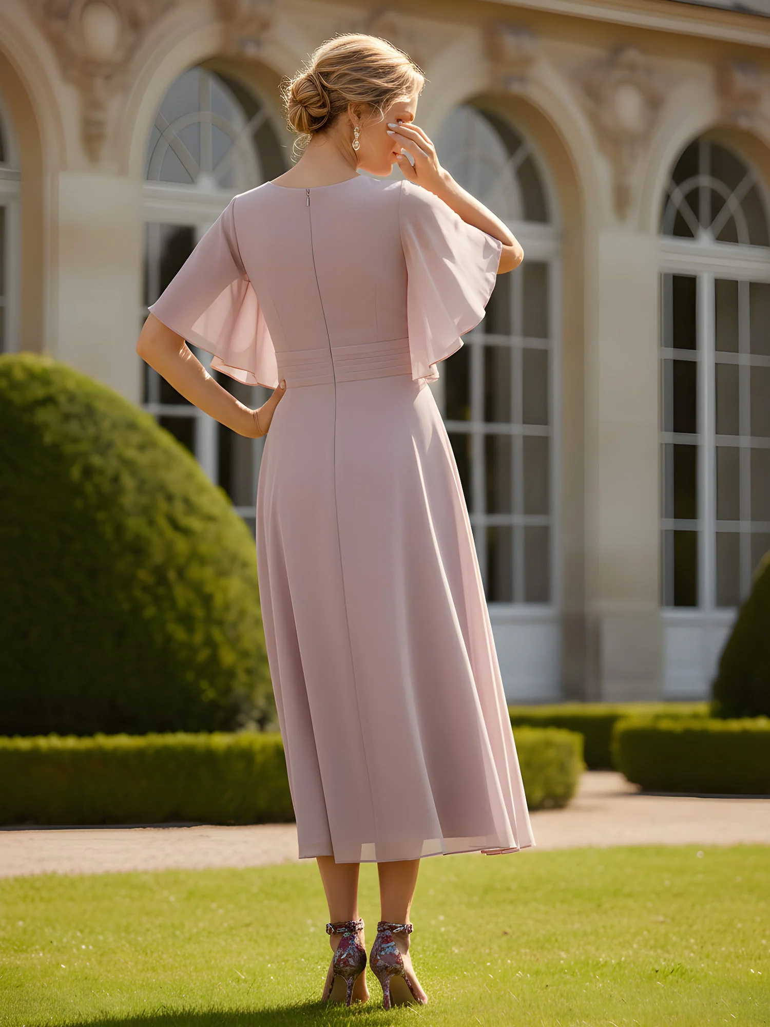 A-Line Flutter Sleeves V-neck Tea-Length Chiffon Dress Flamingo - Image 2