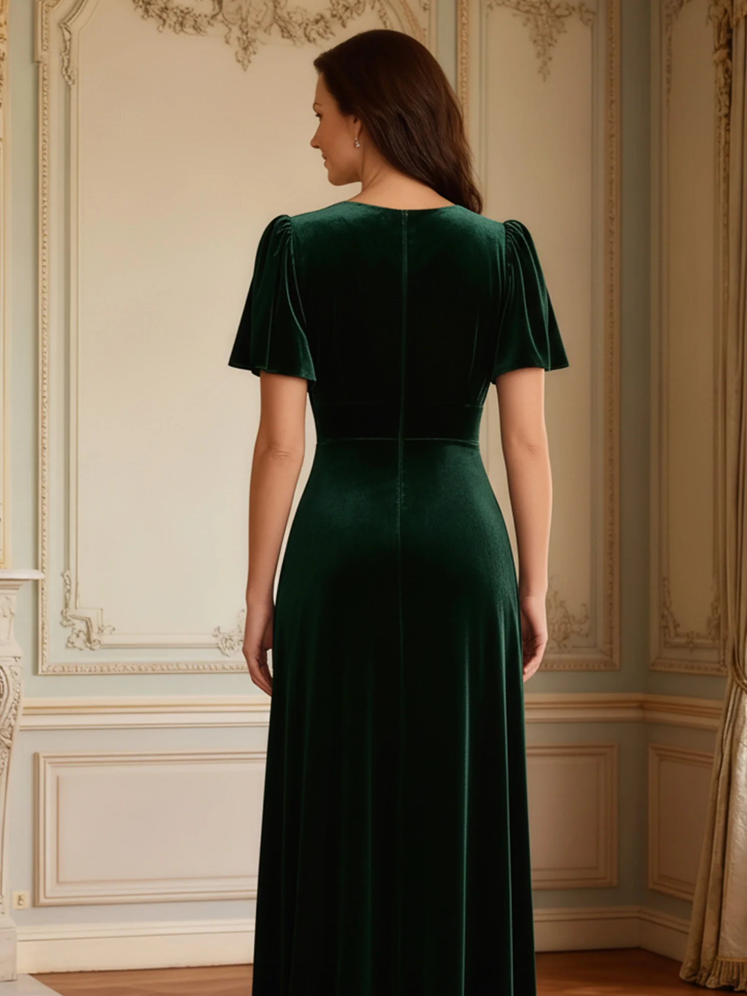 A-Line Flutter Sleeves V-neck Velvet Floor-length Dress Dark Green - Image 2