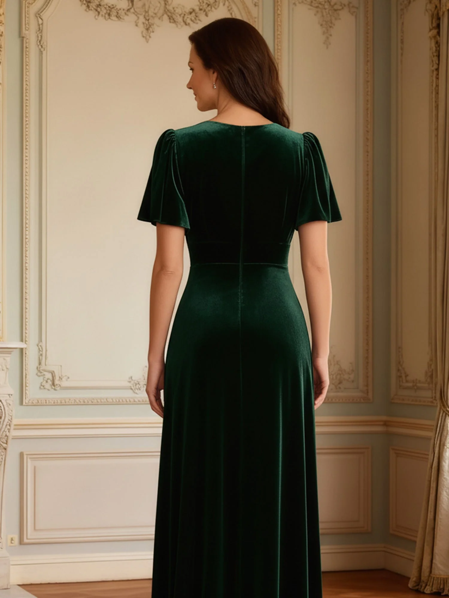 A-Line Flutter Sleeves V-neck Velvet Floor-length Dress Dusty Blue - Image 2