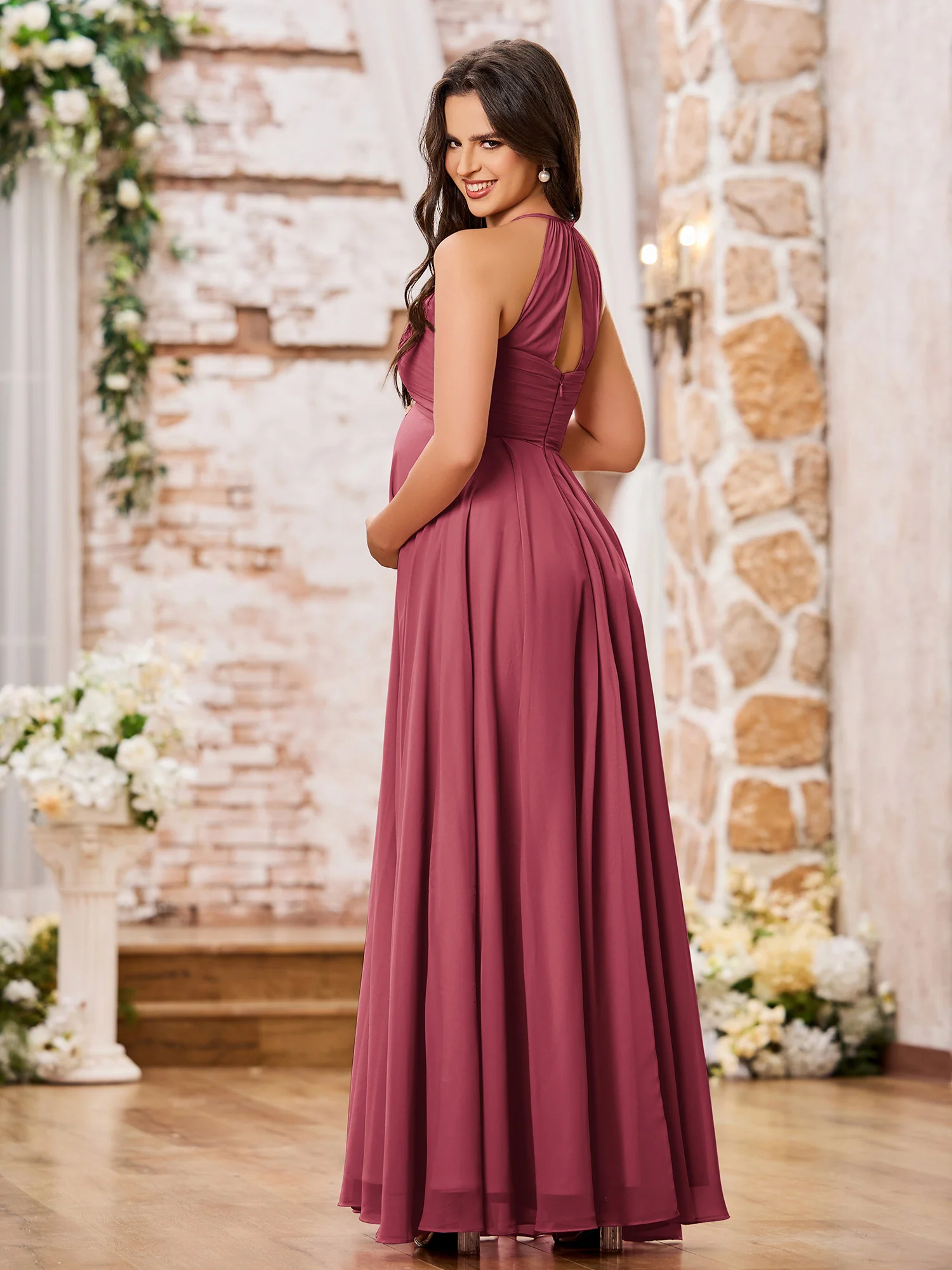 A-line Halter Empire Floor Length Chiffon Bridesmaid Gowns Cinnamon Rose - Image 2