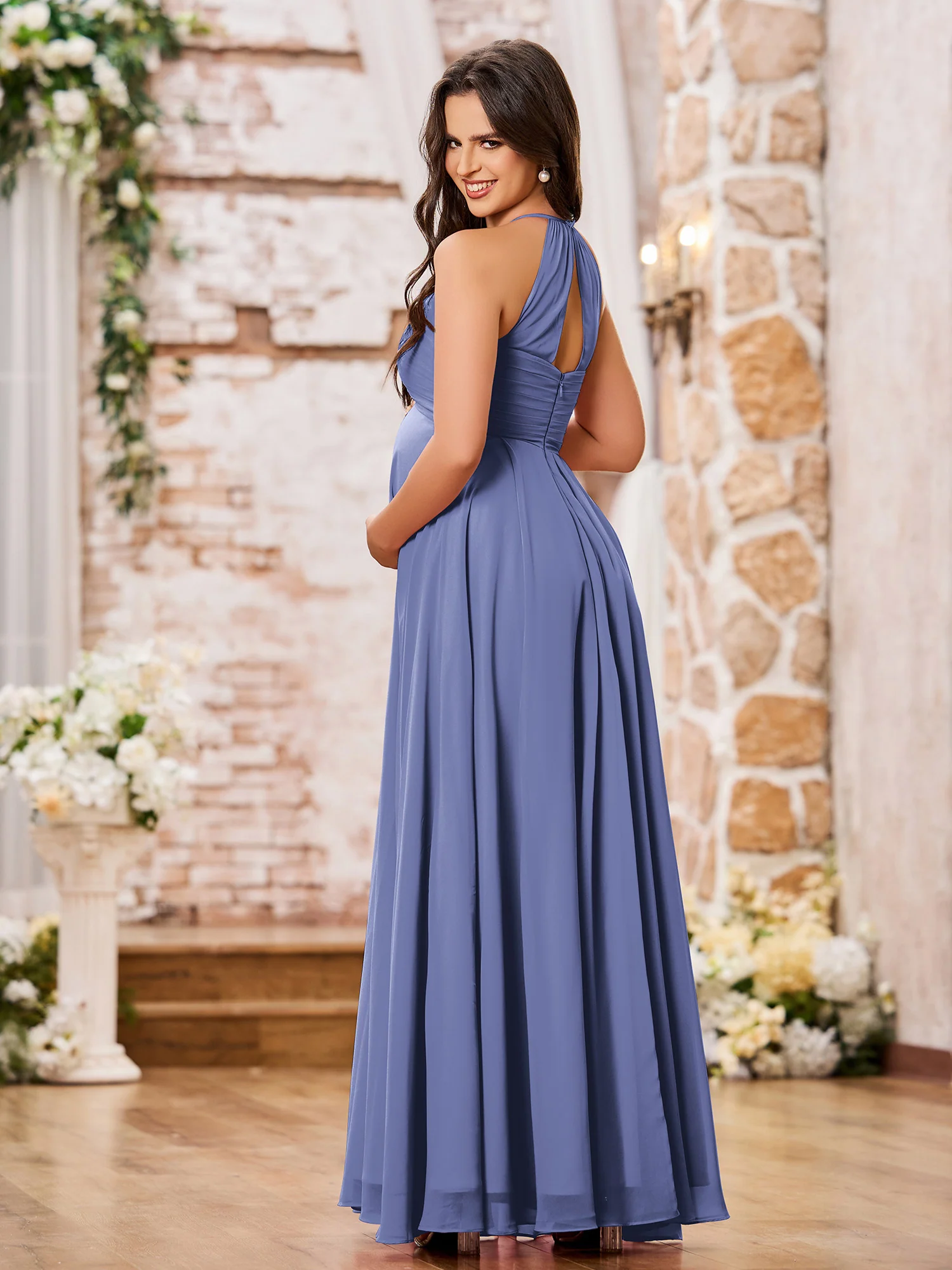 A-line Halter Empire Floor Length Chiffon Bridesmaid Gowns Periwinkle - Image 2