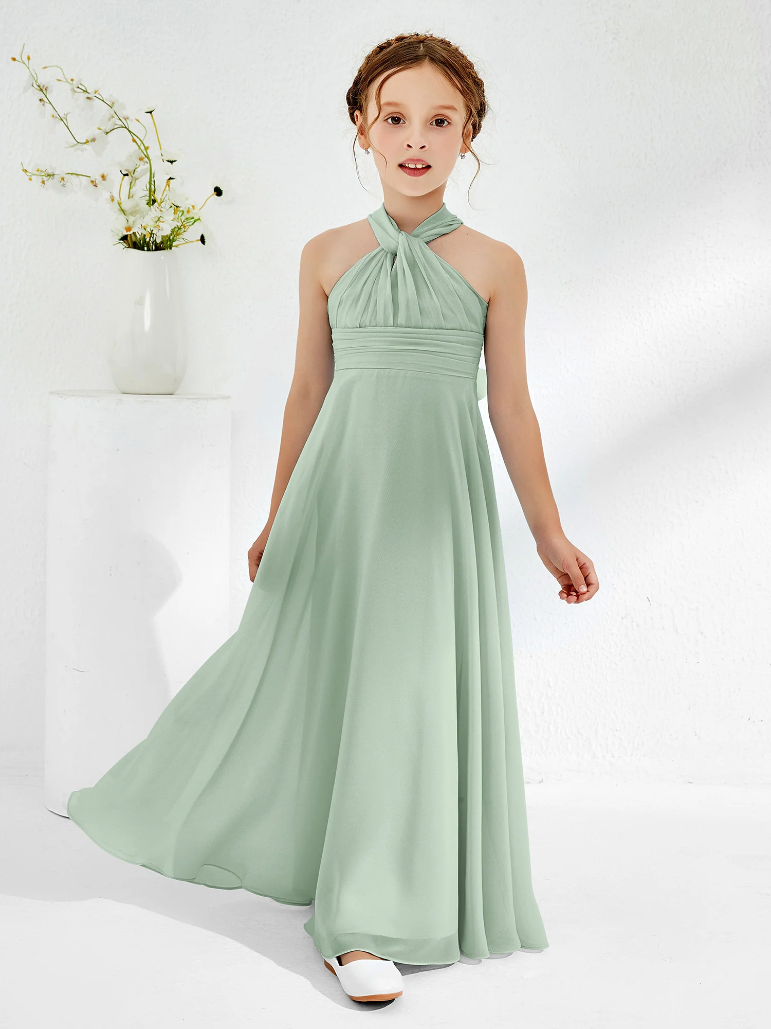 A-line Halter Neckline Sleeveless Junior Bridesmaid Dresses Agave