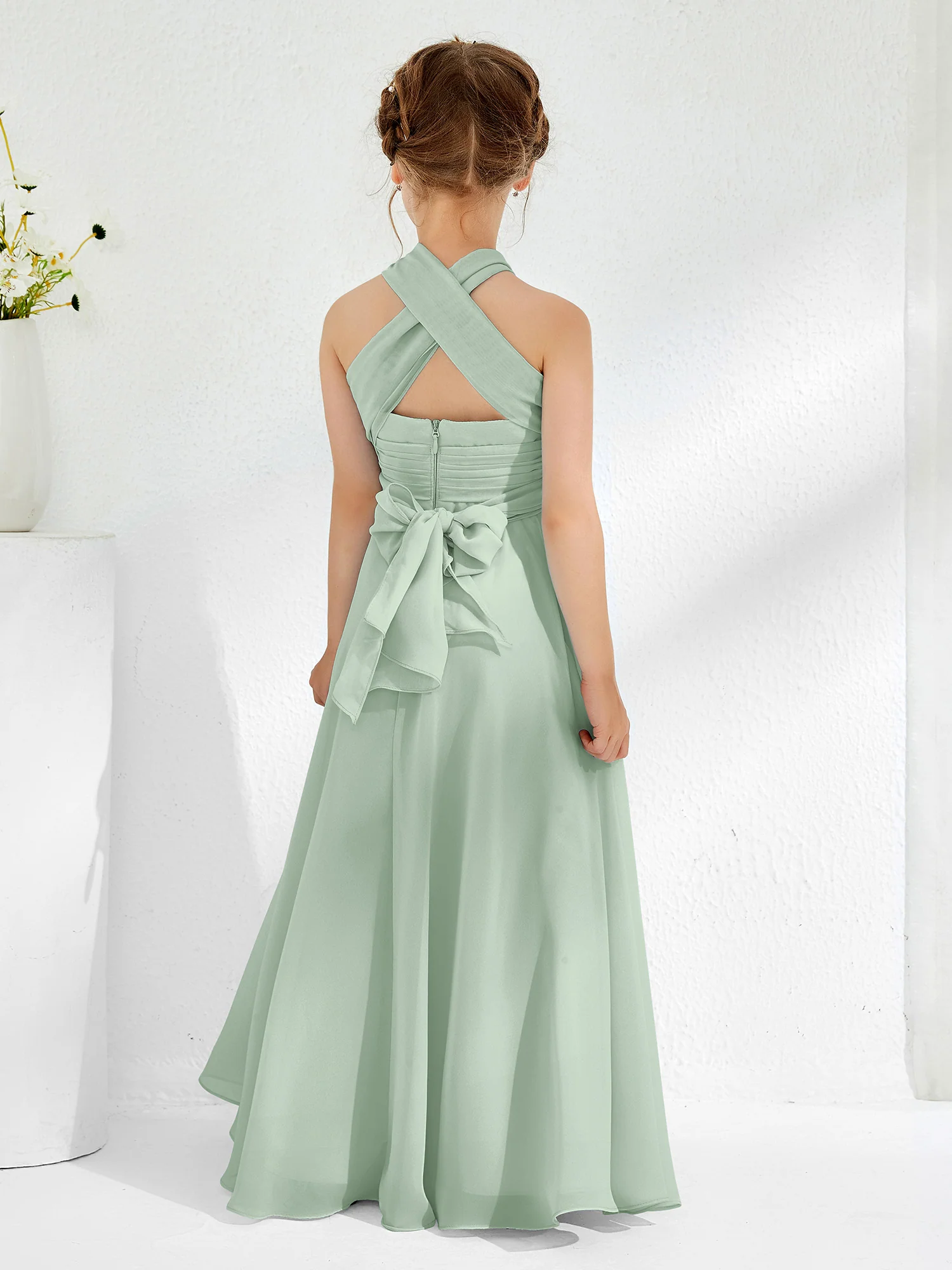 A-line Halter Neckline Sleeveless Junior Bridesmaid Dresses Agave - Image 2