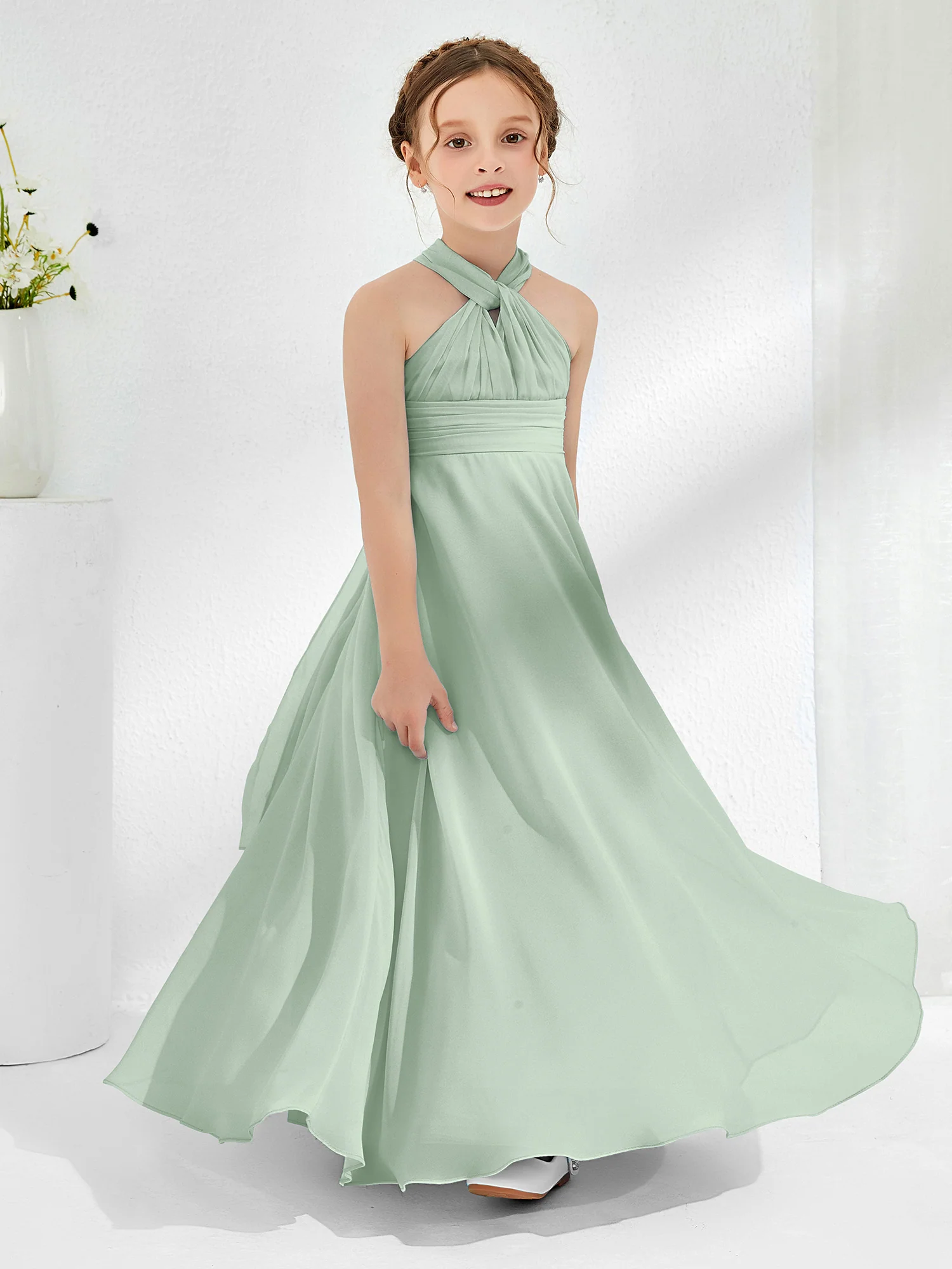 A-line Halter Neckline Sleeveless Junior Bridesmaid Dresses Agave - Image 3