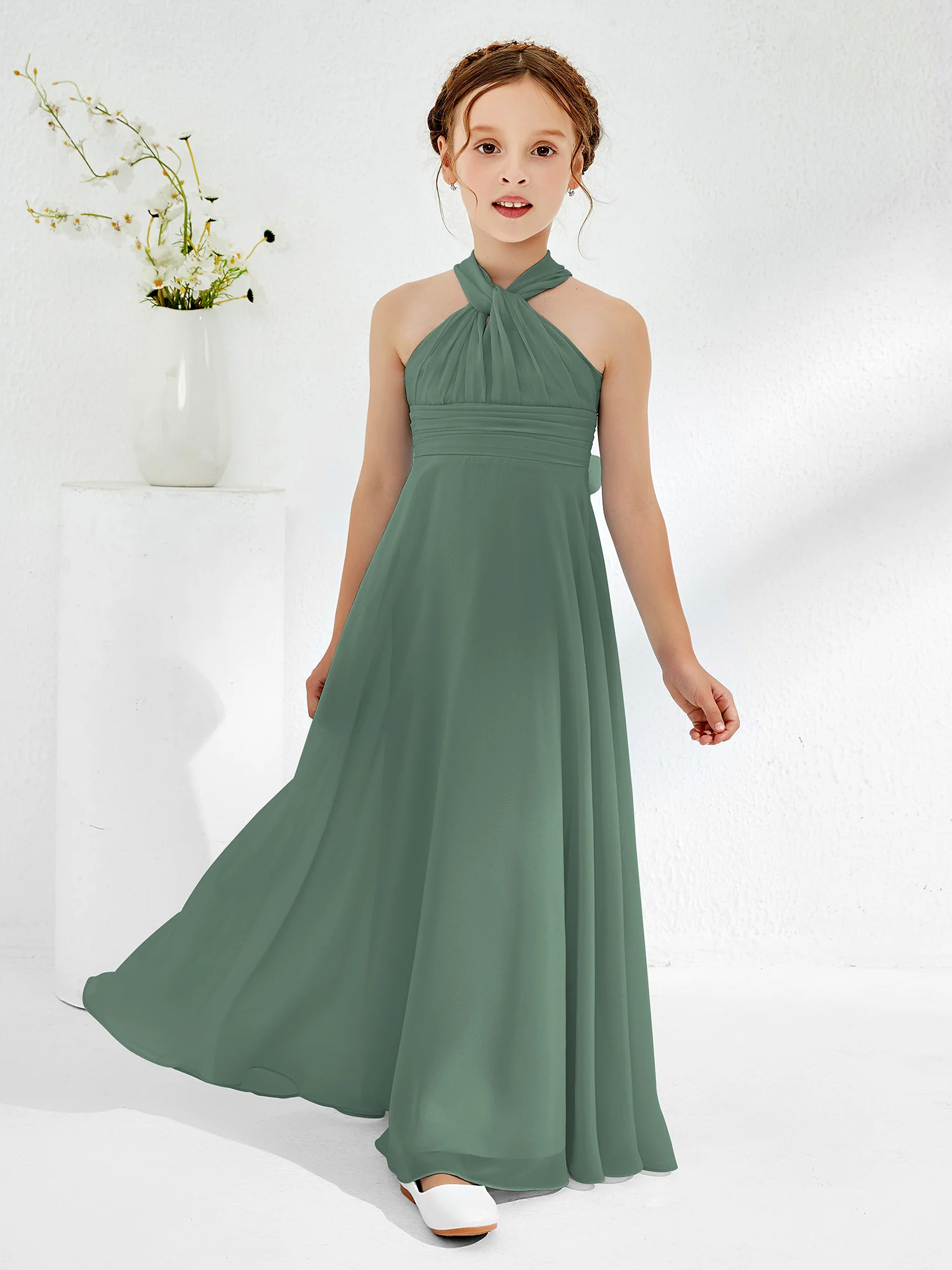 A-line Halter Neckline Sleeveless Junior Bridesmaid Dresses Eucalyptus