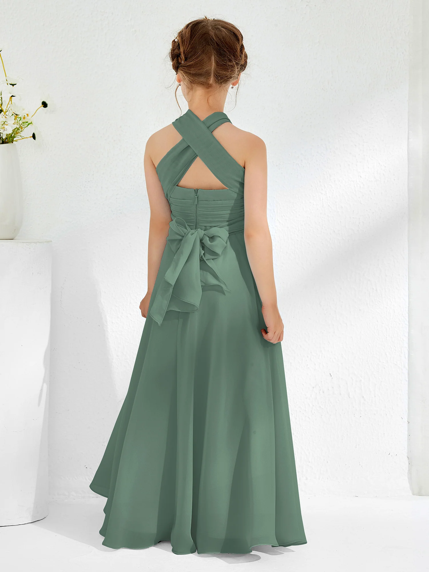 A-line Halter Neckline Sleeveless Junior Bridesmaid Dresses Eucalyptus - Image 2