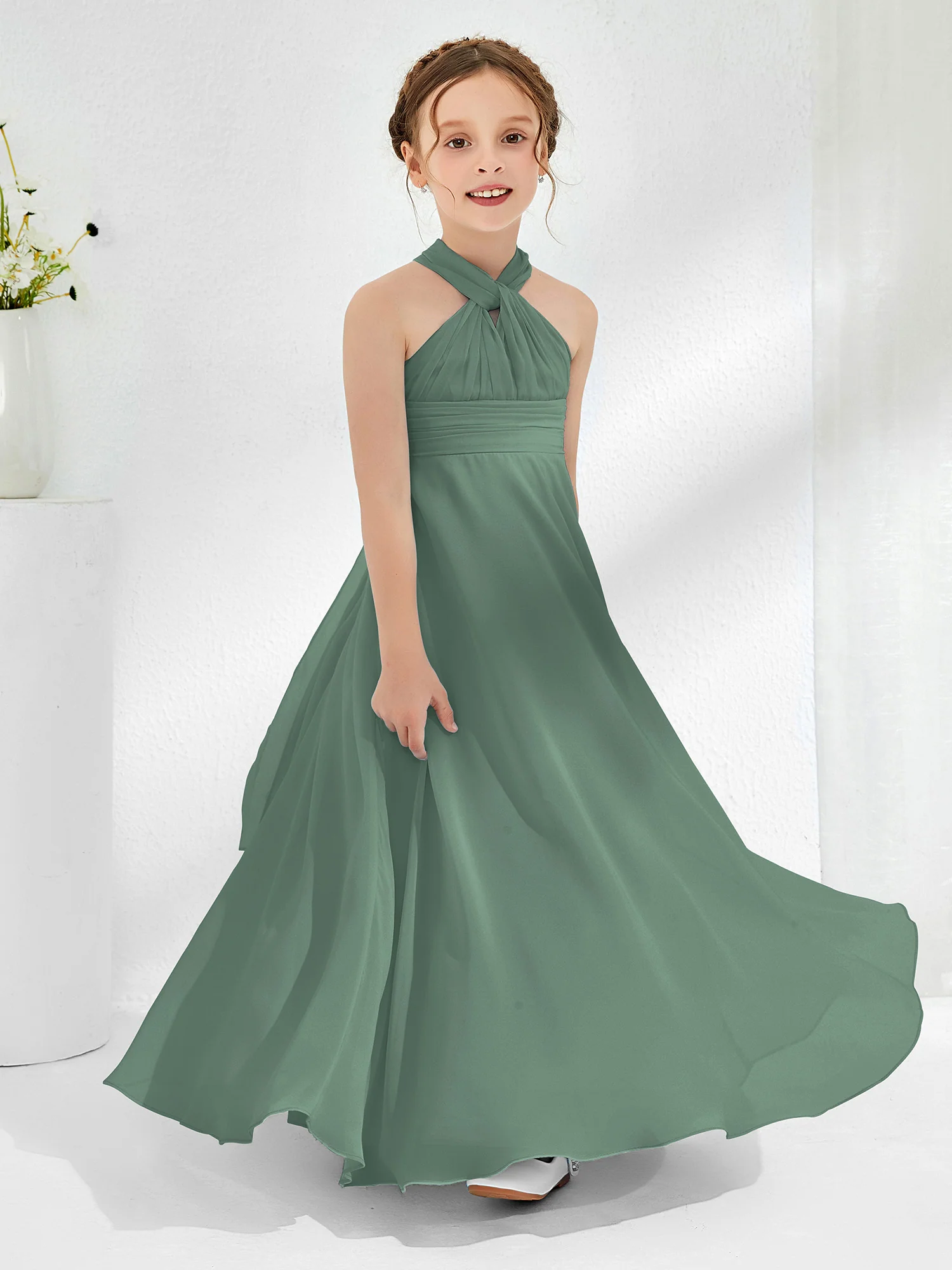 A-line Halter Neckline Sleeveless Junior Bridesmaid Dresses Eucalyptus - Image 3