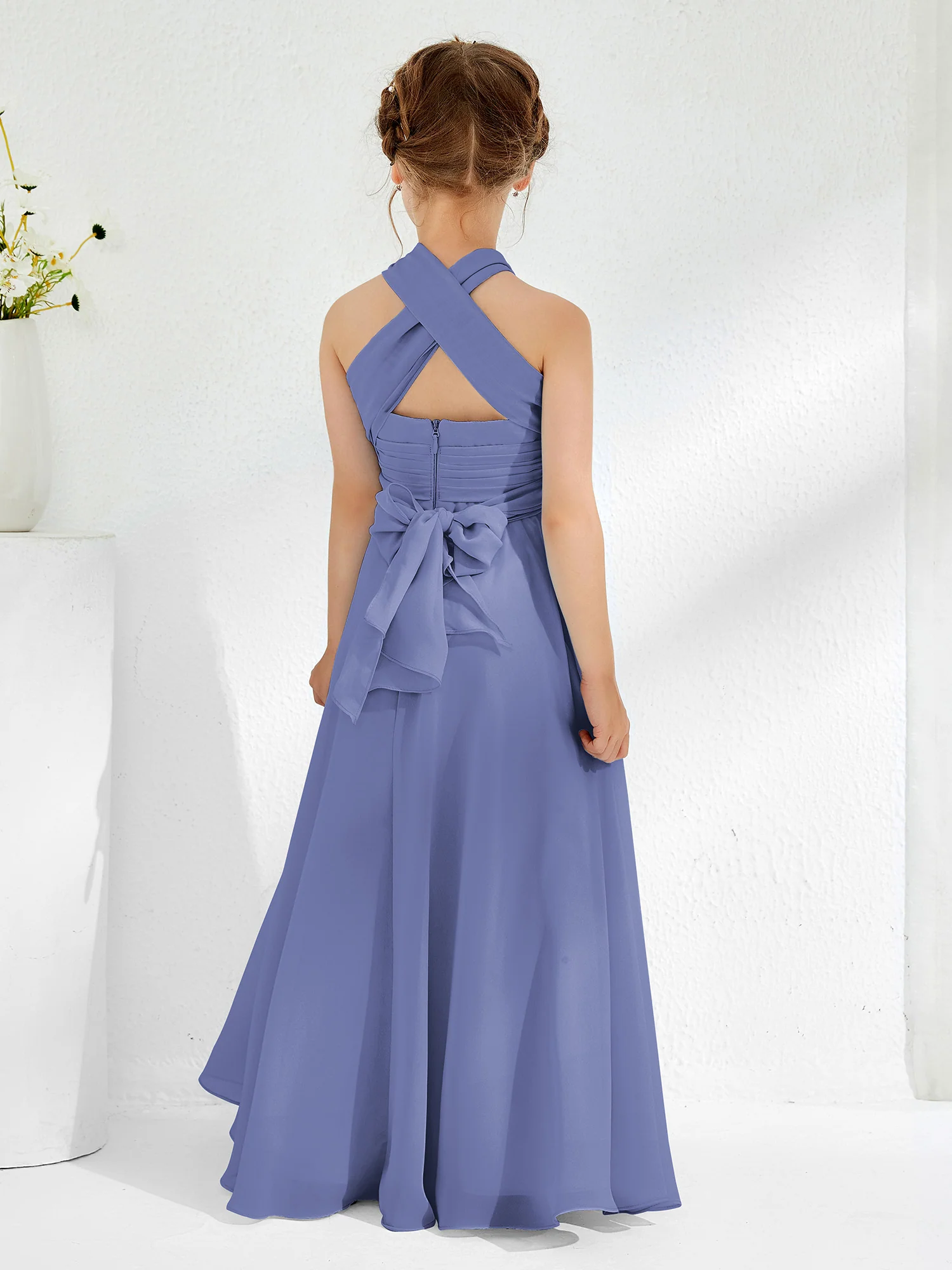 A-line Halter Neckline Sleeveless Junior Bridesmaid Dresses Periwinkle - Image 3