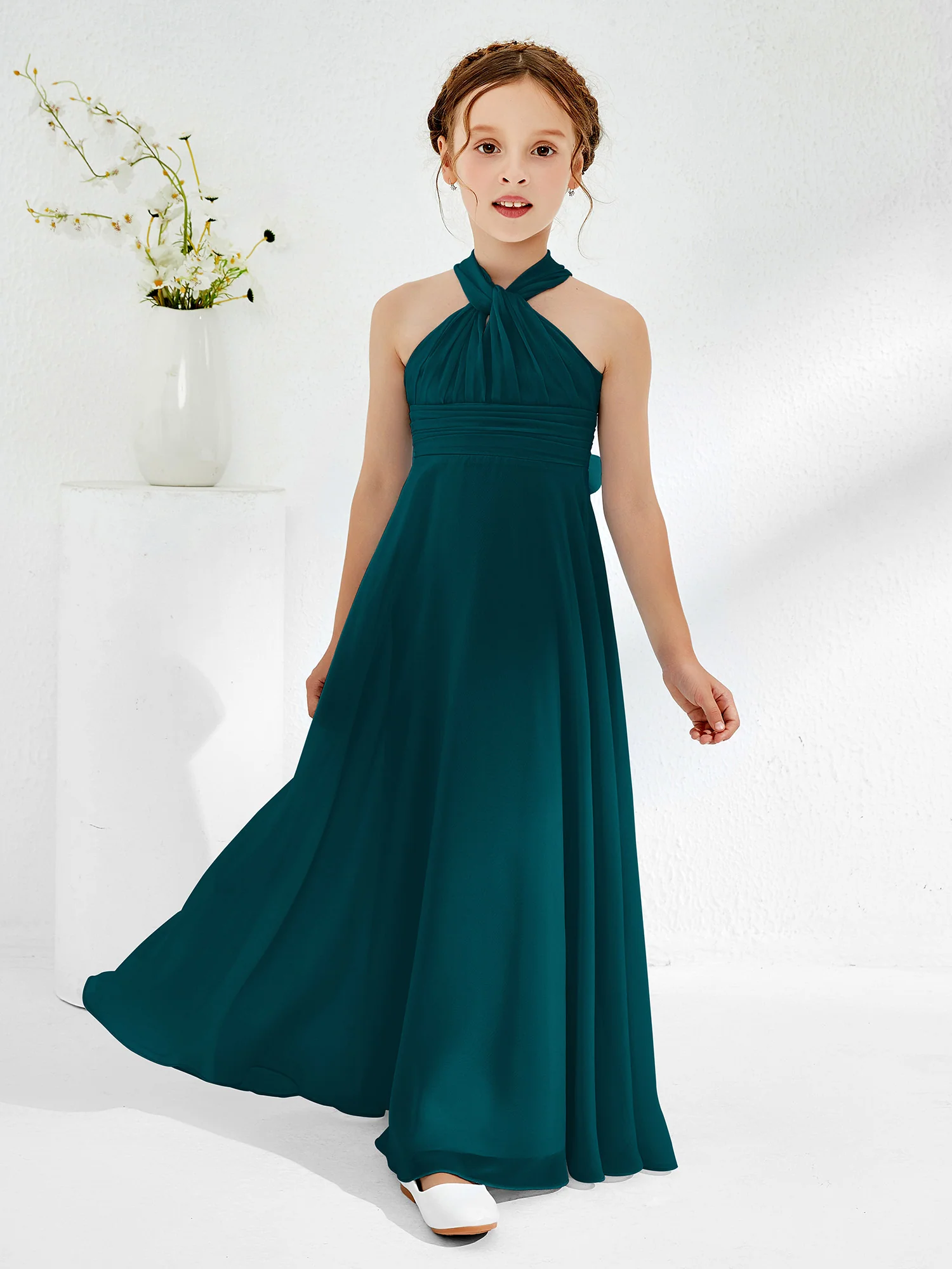 A-line Halter Neckline Sleeveless Junior Bridesmaid Dresses Pine