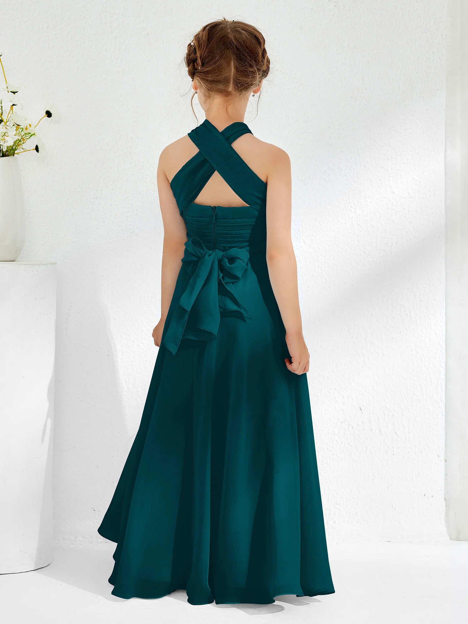 A-line Halter Neckline Sleeveless Junior Bridesmaid Dresses Pine - Image 2