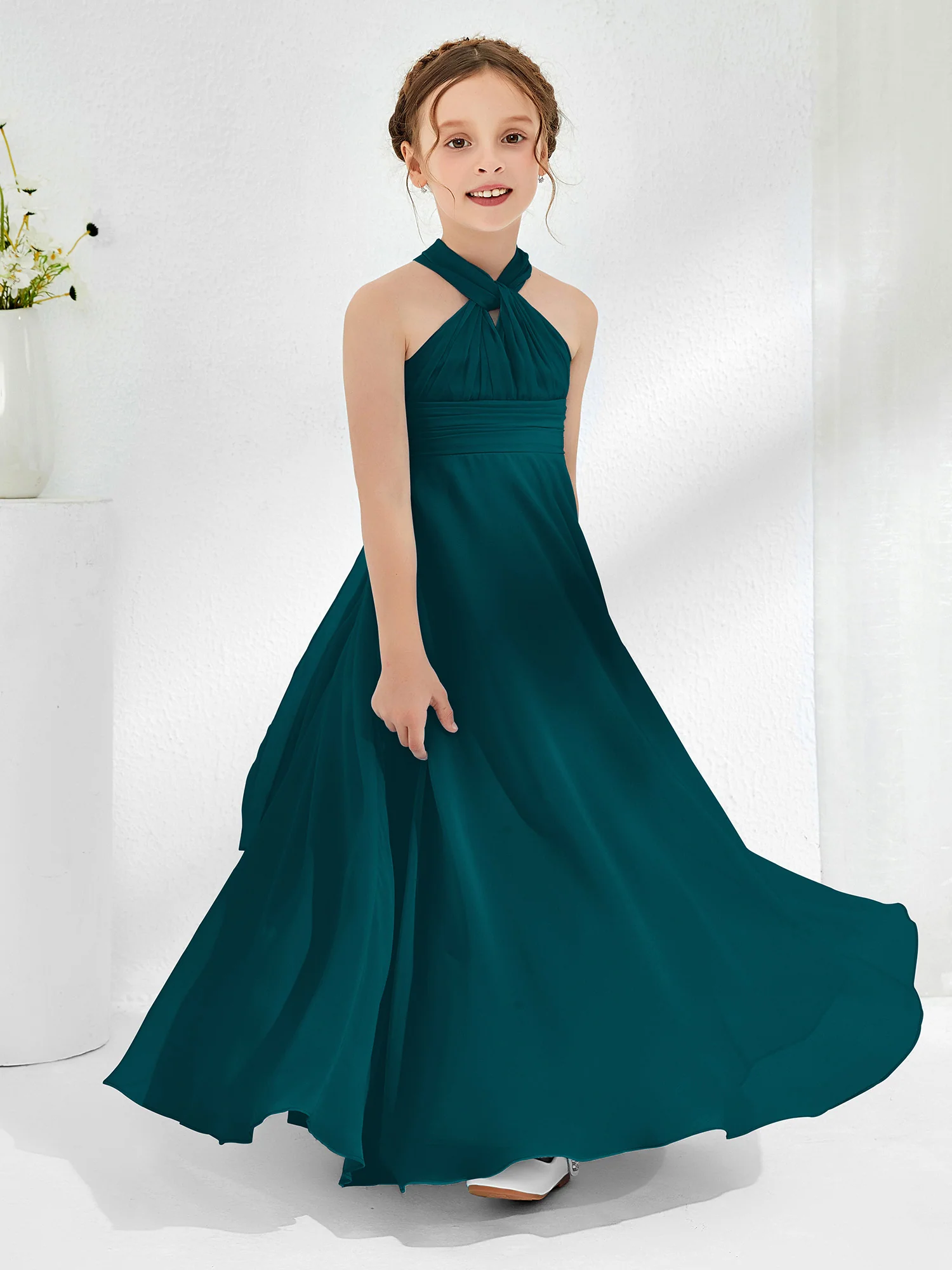 A-line Halter Neckline Sleeveless Junior Bridesmaid Dresses Pine - Image 3