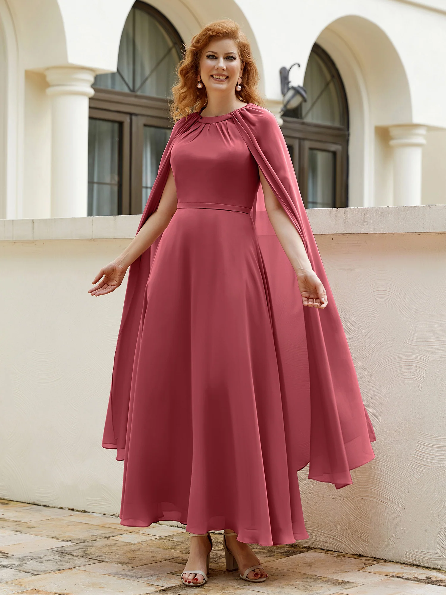 A-line Jewel-Neck Chiffon Dress With Long Cape-Cinnamon Rose - Image 6
