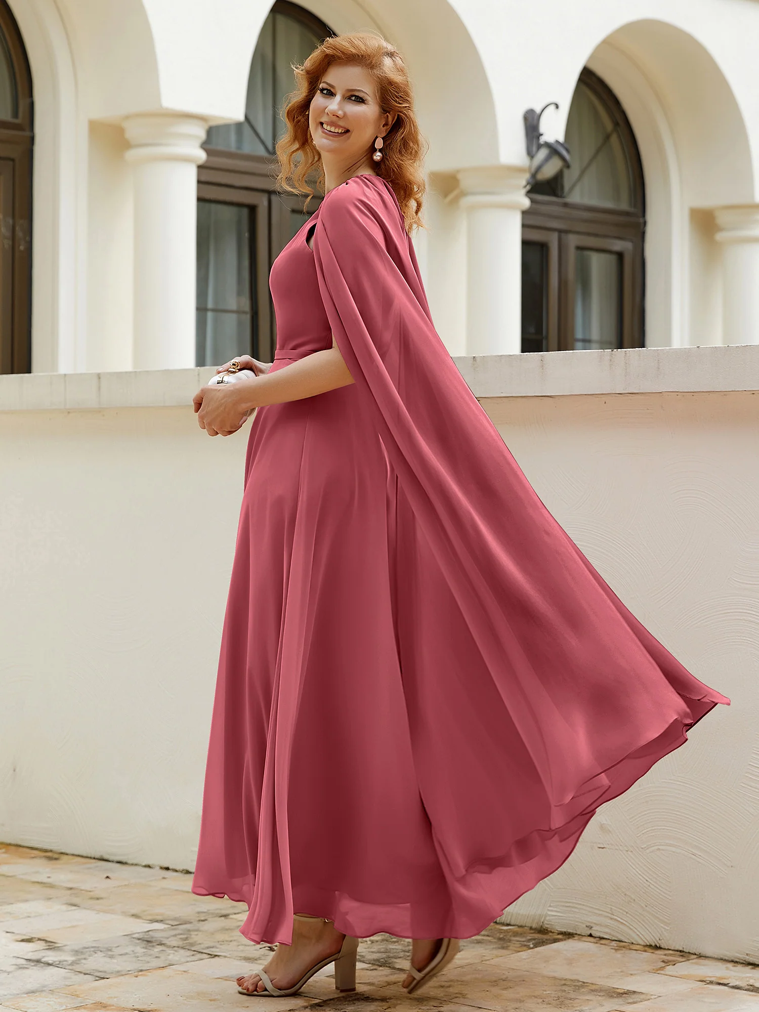 A-line Jewel-Neck Chiffon Dress With Long Cape-Cinnamon Rose - Image 8