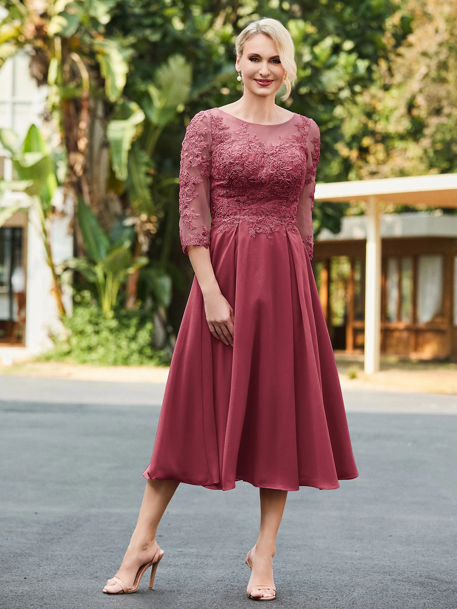 A-line Lace Appliqued Tea-length Dress Cinnamon Rose